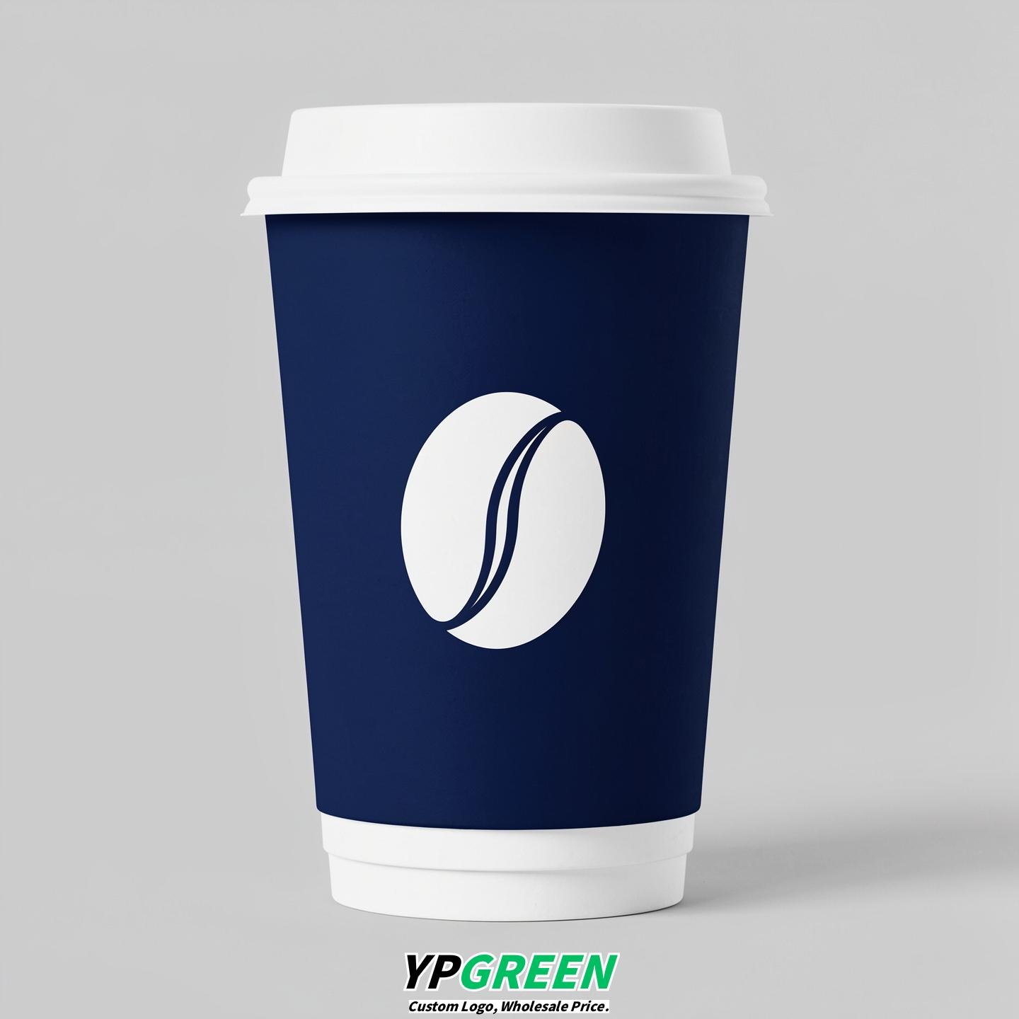 Indigo Paper Cups with Coffee Bean Logo & Lids 8-24oz