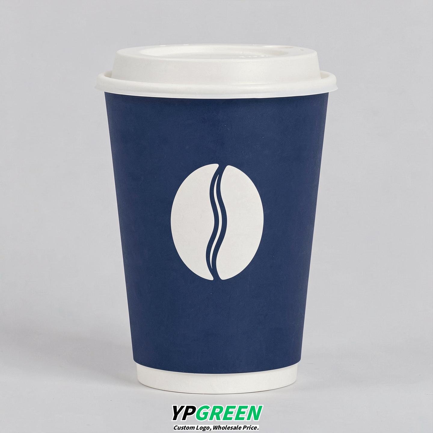Indigo Paper Cups with Coffee Bean Logo & Lids 8-24oz