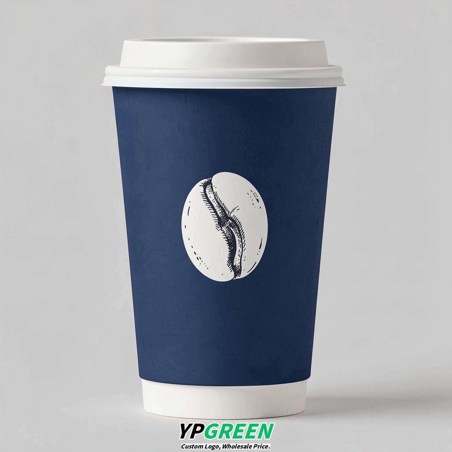 Indigo Paper Cups with Coffee Bean Logo & Lids 8-24oz