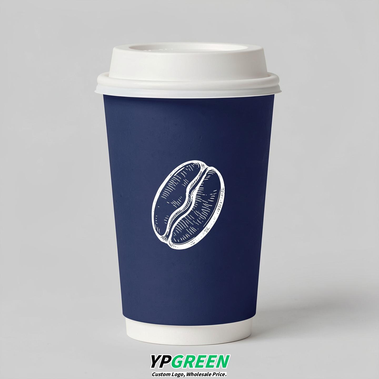 Indigo Paper Cups with Coffee Bean Logo & Lids 8-24oz