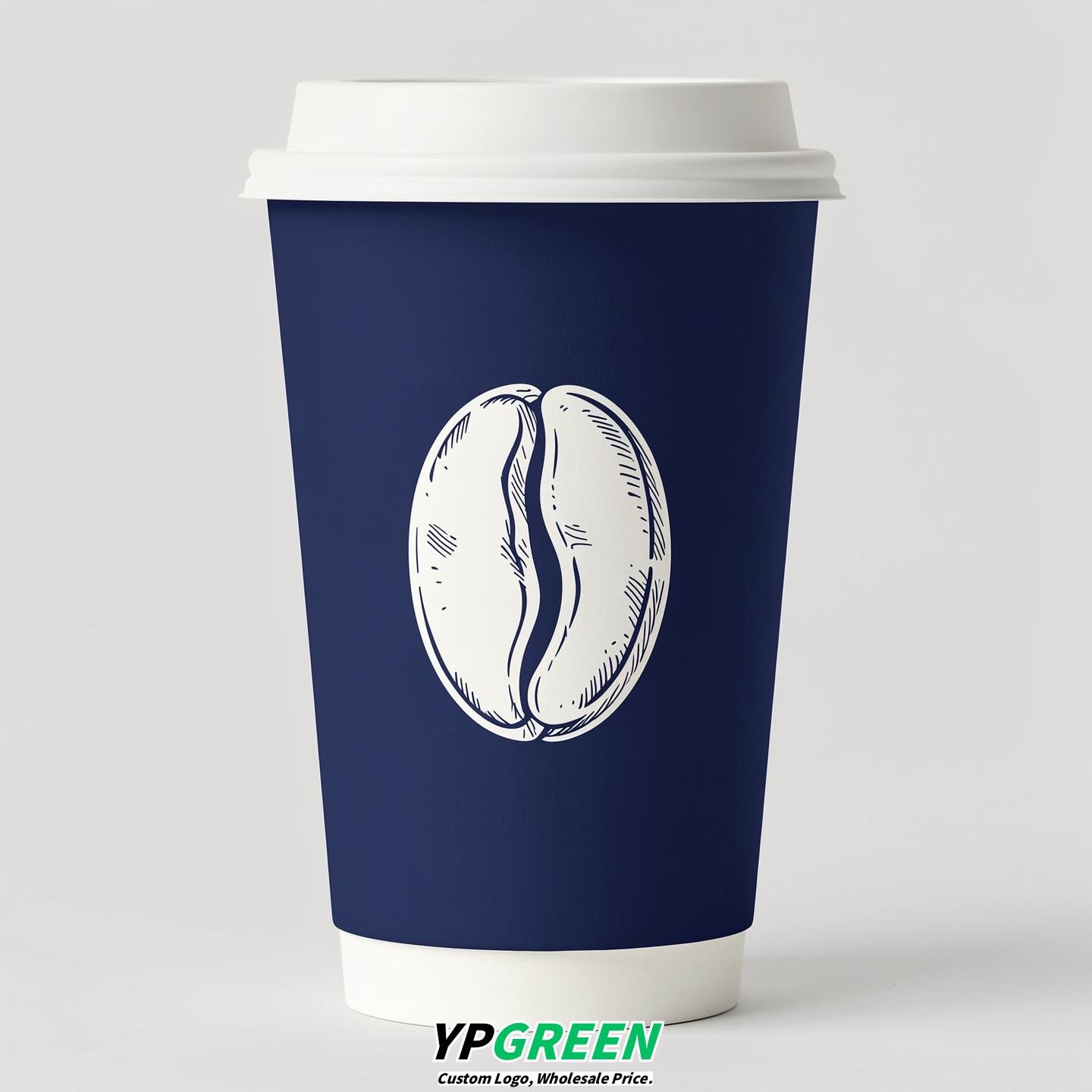 Indigo Paper Cups with Coffee Bean Logo & Lids 8-24oz