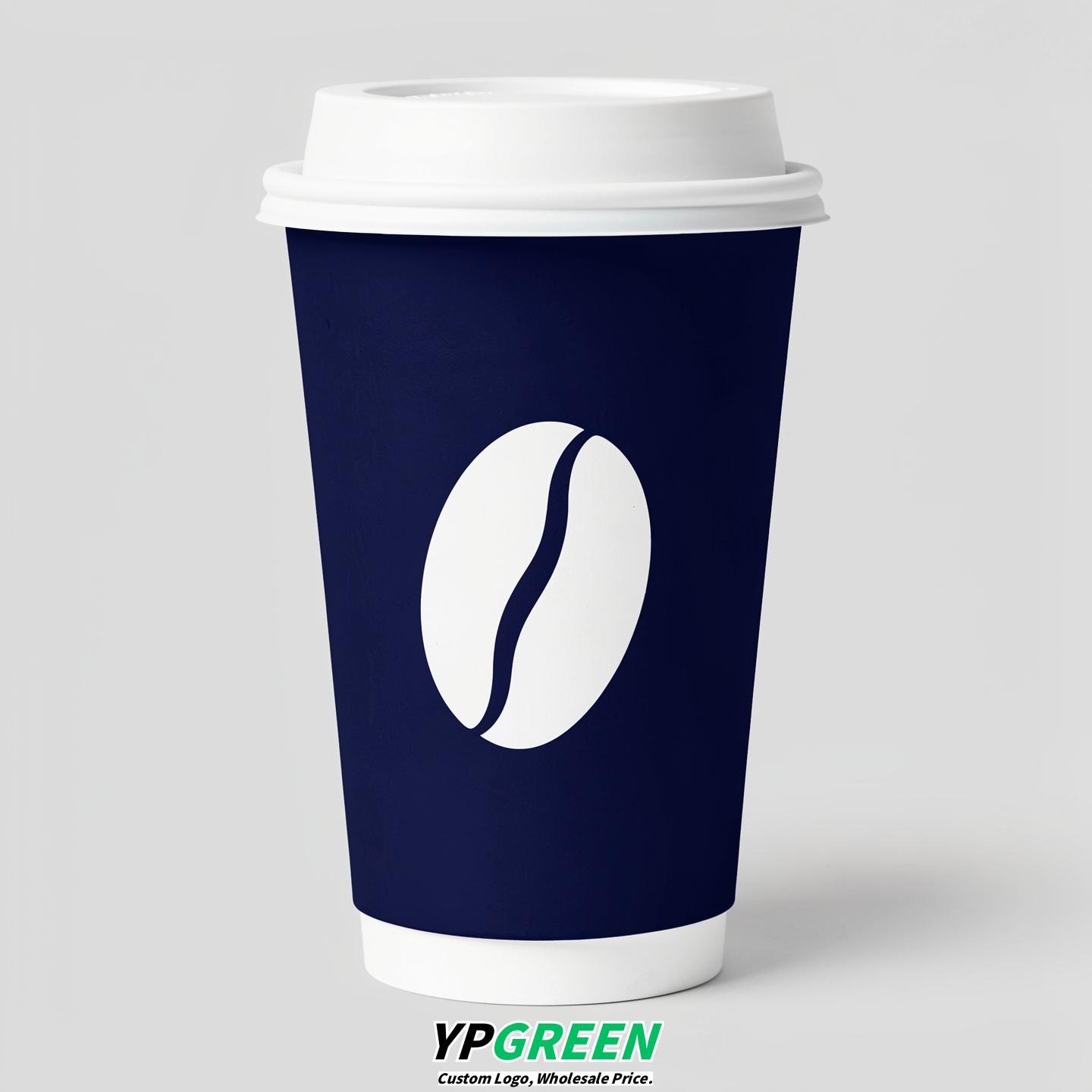 Indigo Paper Cups with Coffee Bean Logo & Lids 8-24oz