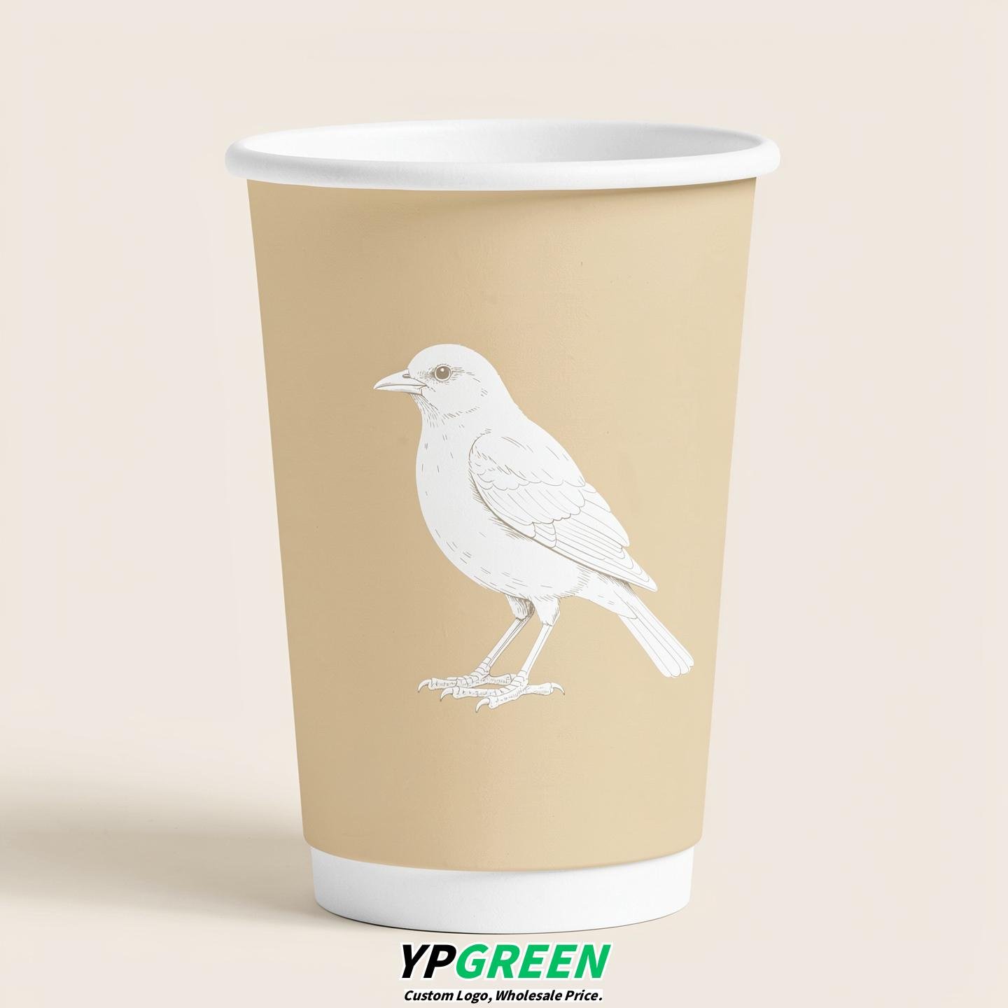 Ivory Paper Cups with Bird Logo & Lids 8-24oz