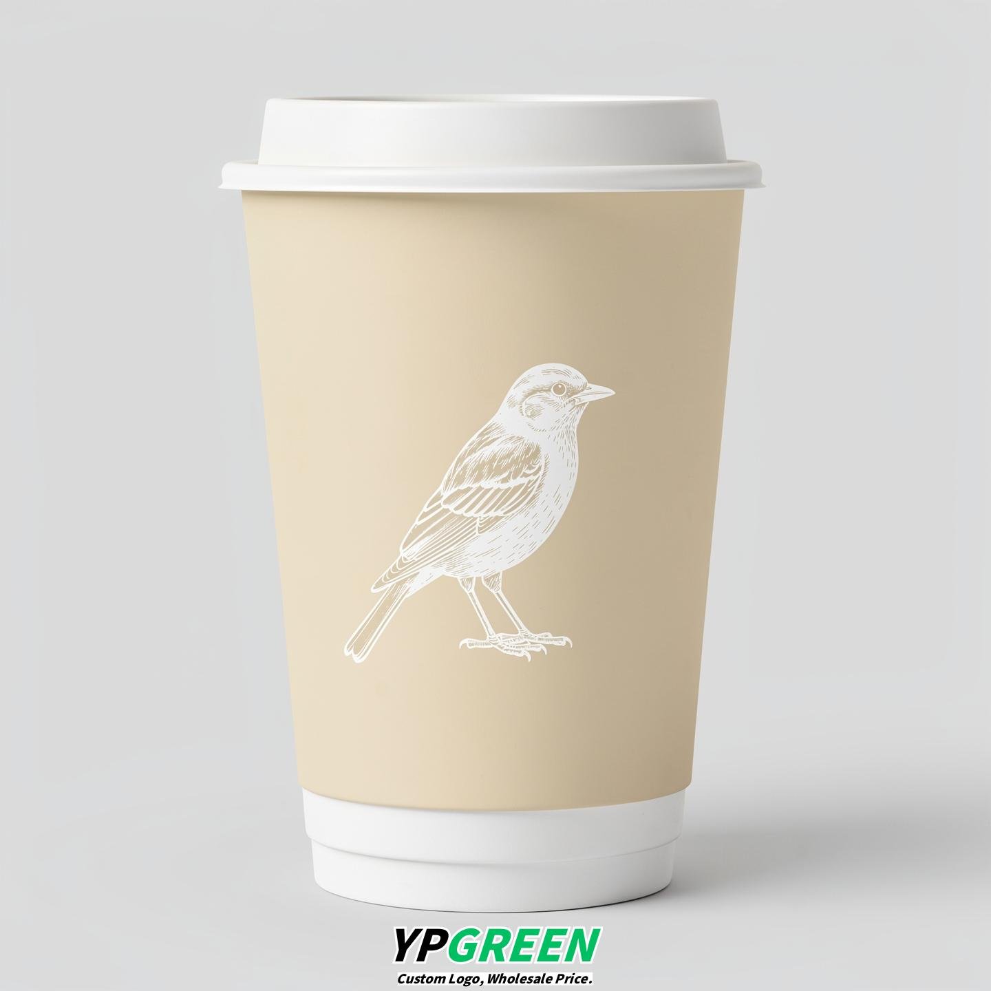 Ivory Paper Cups with Bird Logo & Lids 8-24oz