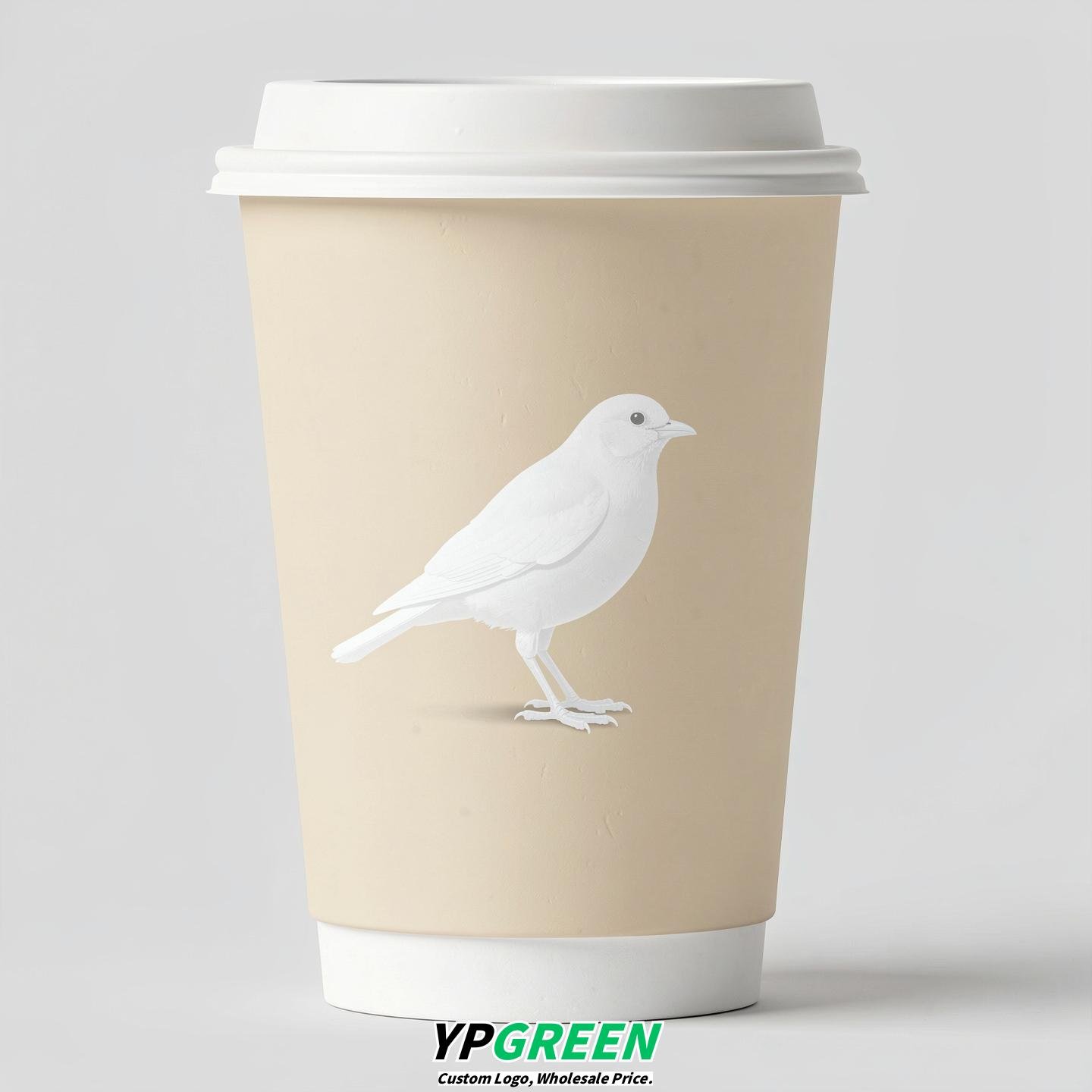 Ivory Paper Cups with Bird Logo & Lids 8-24oz