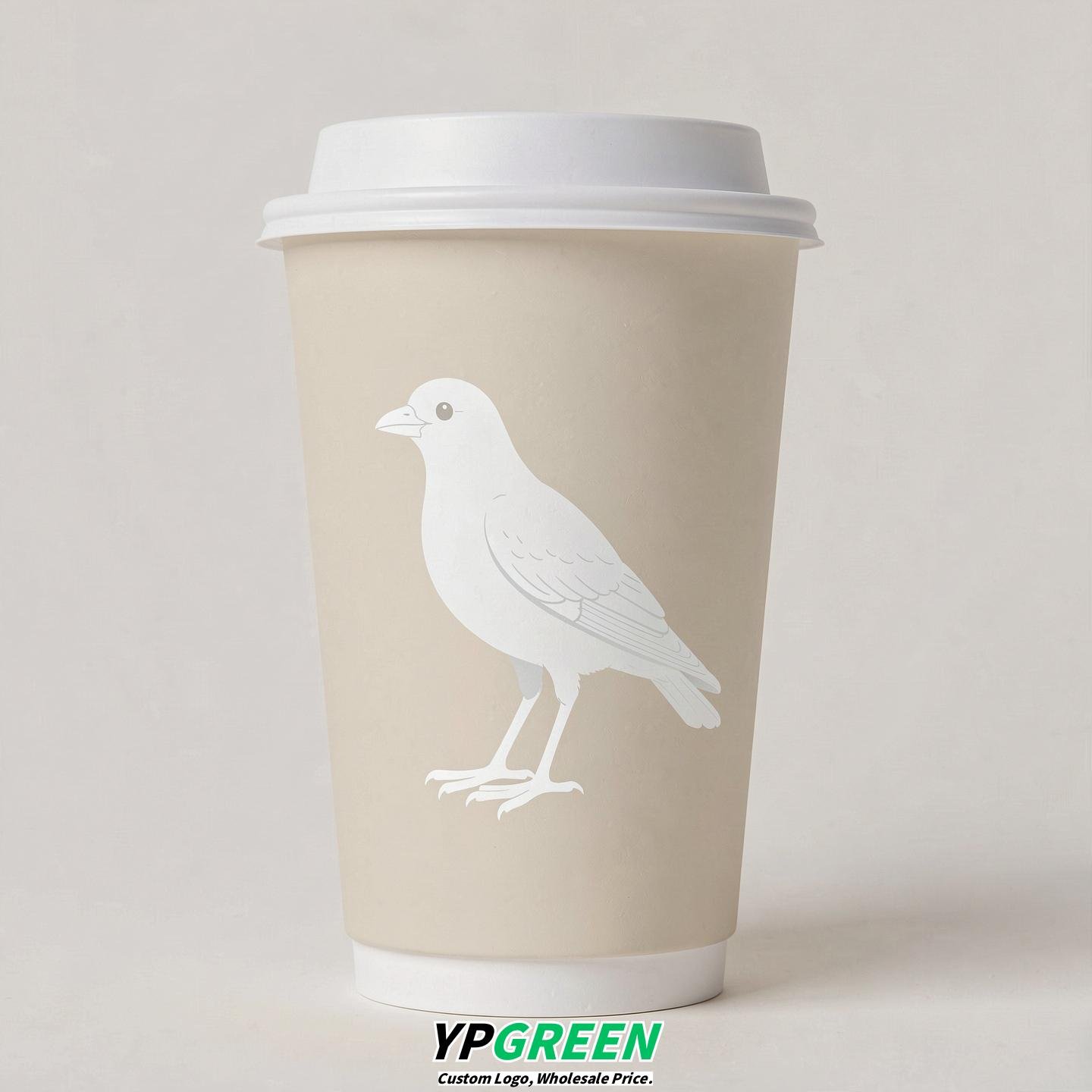 Ivory Paper Cups with Bird Logo & Lids 8-24oz