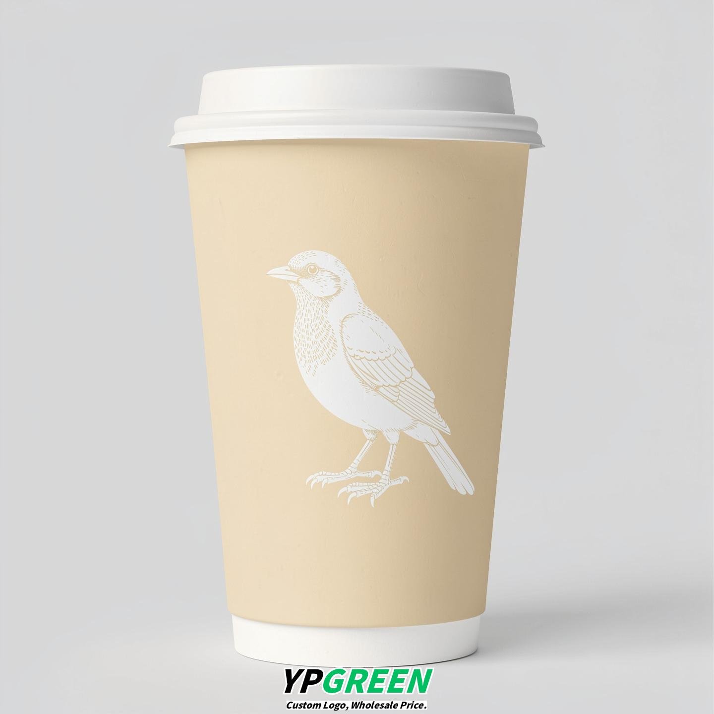 Ivory Paper Cups with Bird Logo & Lids 8-24oz