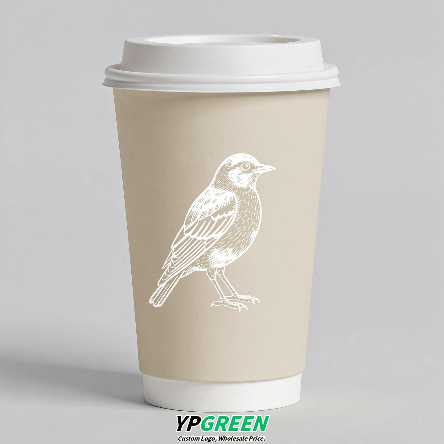 Ivory Paper Cups with Bird Logo & Lids 8-24oz