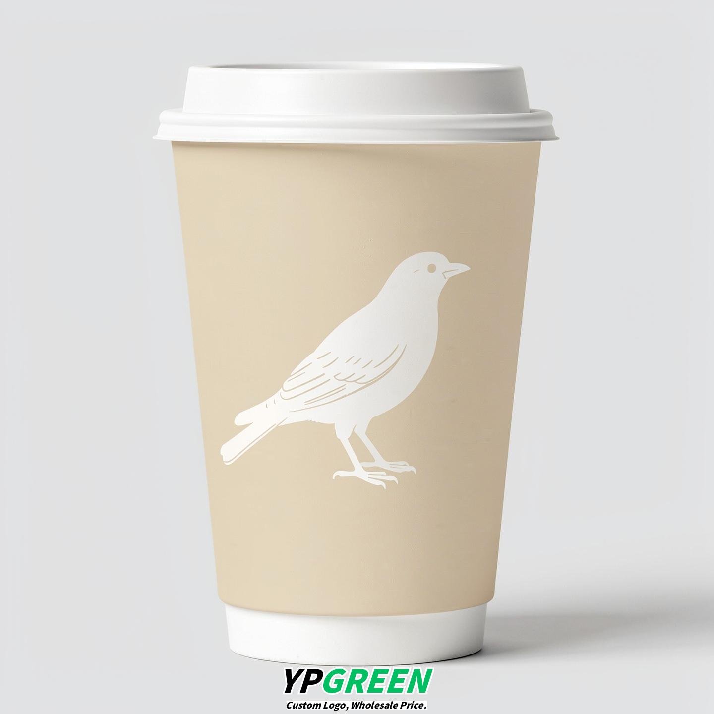 Ivory Paper Cups with Bird Logo & Lids 8-24oz