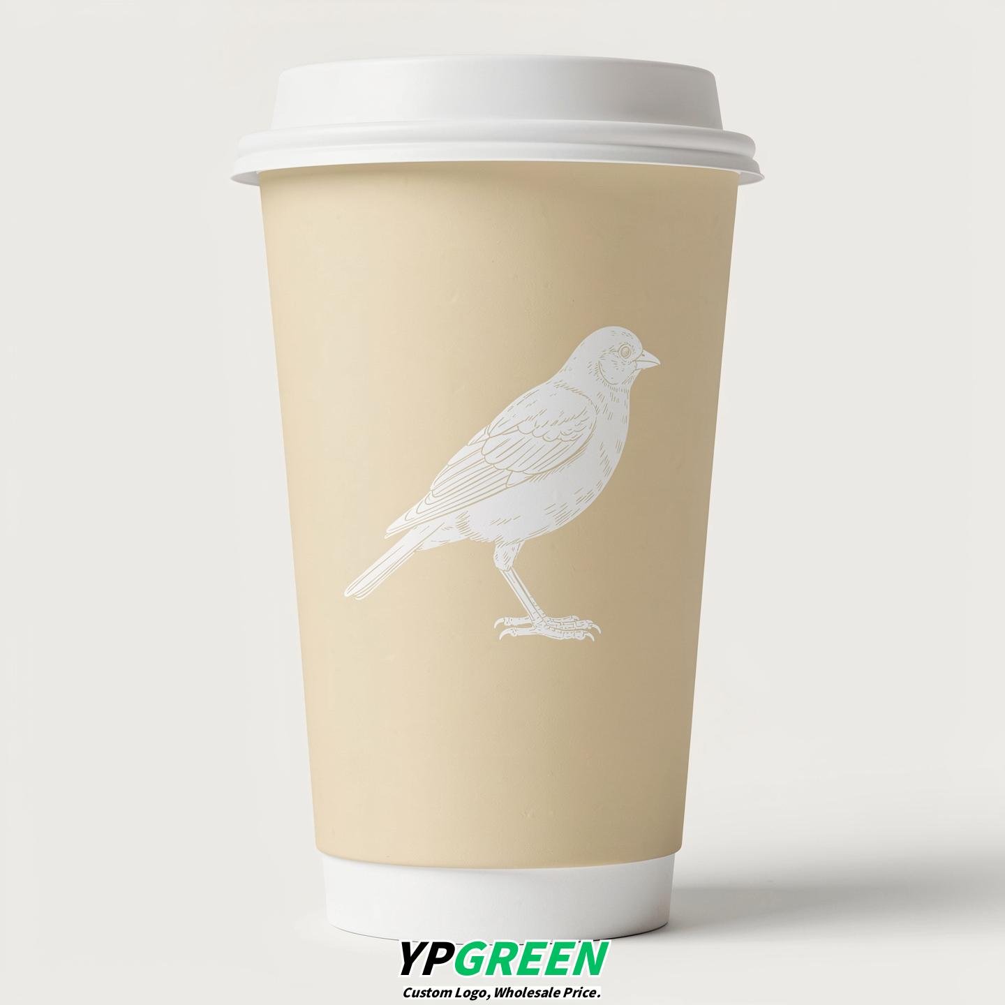 Ivory Paper Cups with Bird Logo & Lids 8-24oz