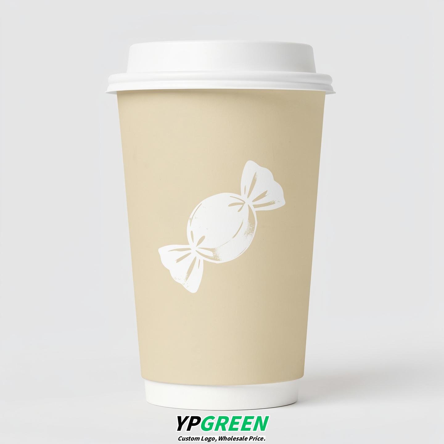 Ivory Paper Cups with Candy Logo & Lids 8-24oz