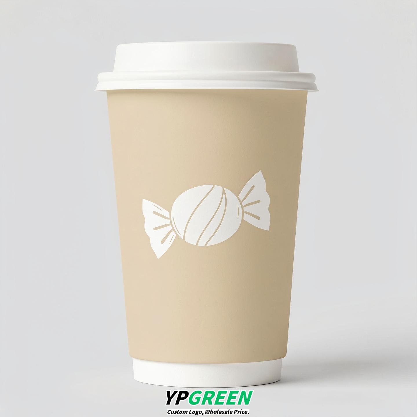 Ivory Paper Cups with Candy Logo & Lids 8-24oz
