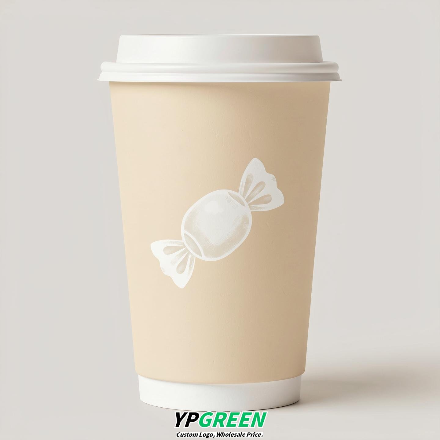 Ivory Paper Cups with Candy Logo & Lids 8-24oz