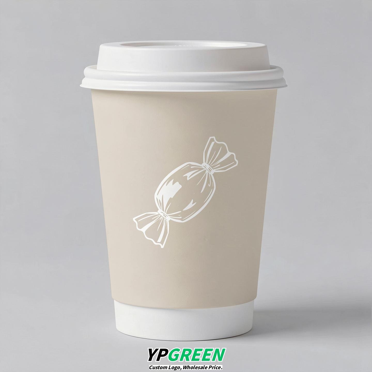 Ivory Paper Cups with Candy Logo & Lids 8-24oz