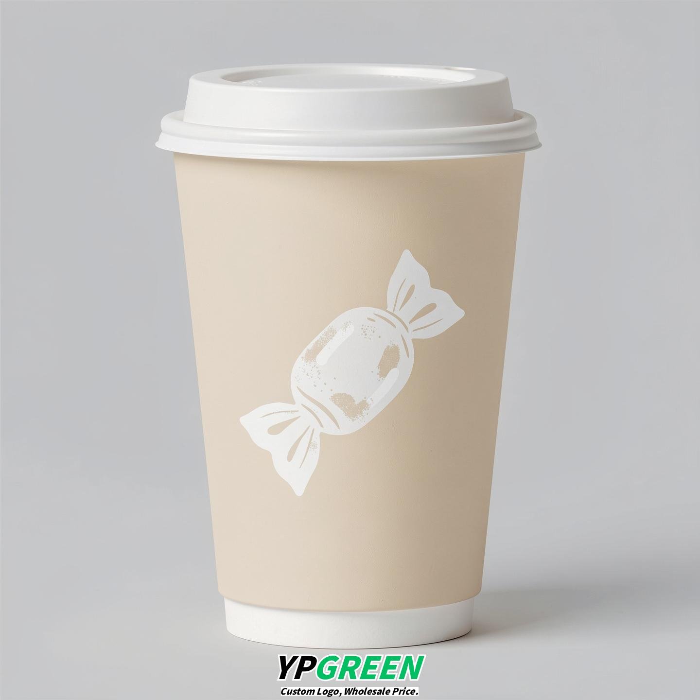 Ivory Paper Cups with Candy Logo & Lids 8-24oz