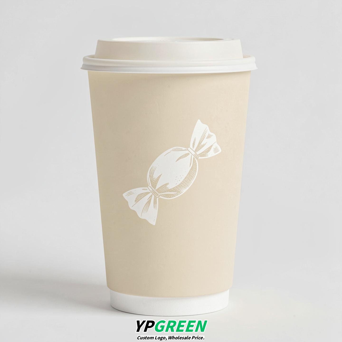 Ivory Paper Cups with Candy Logo & Lids 8-24oz