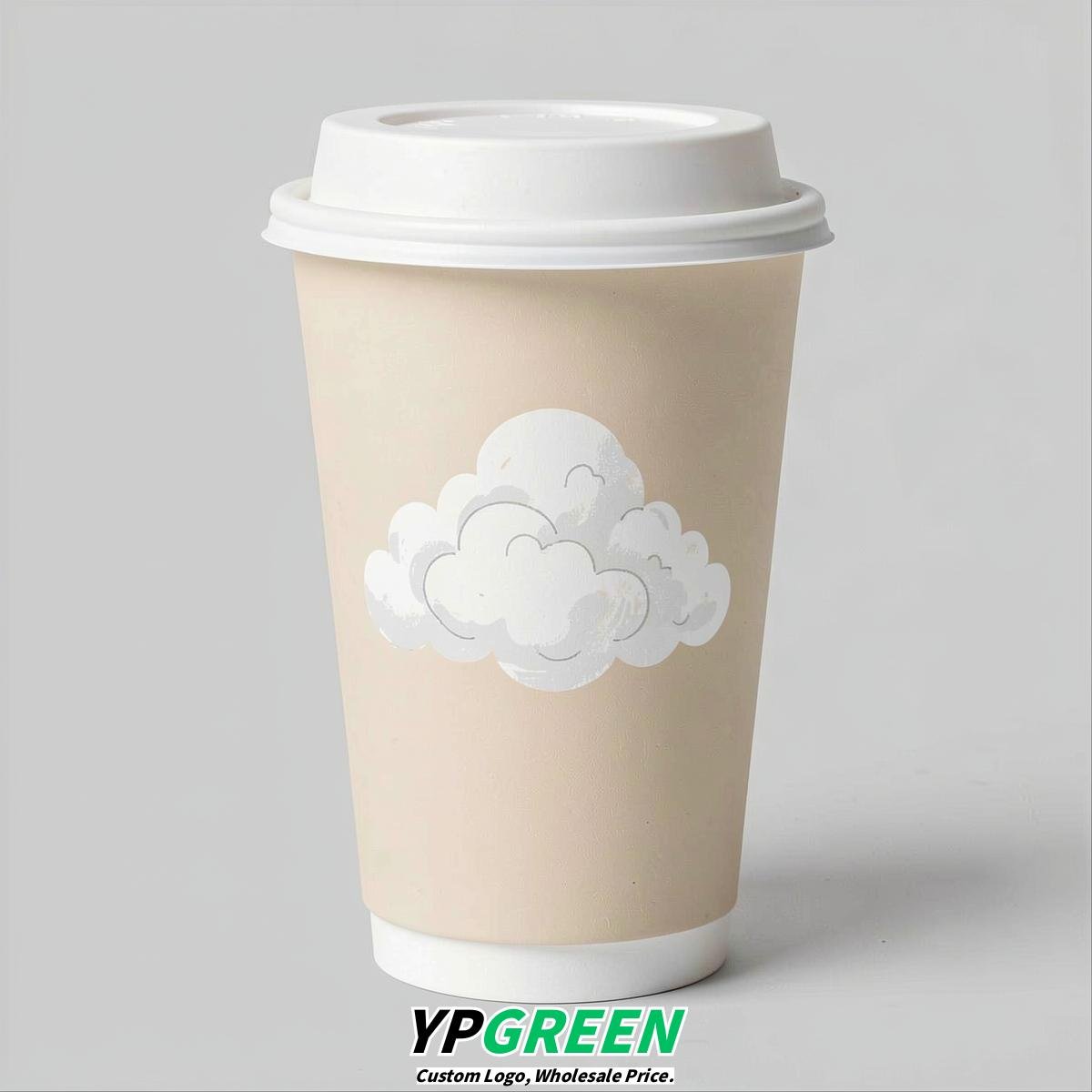 Ivory Paper Cups with Clouds Logo & Lids 8-24oz