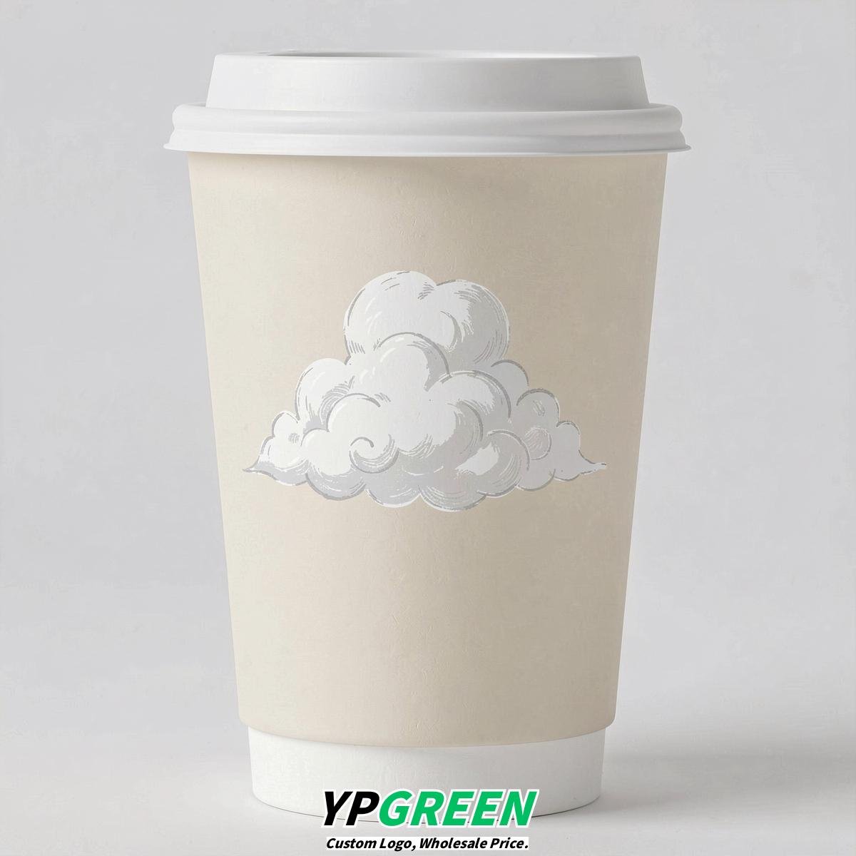 Ivory Paper Cups with Clouds Logo & Lids 8-24oz