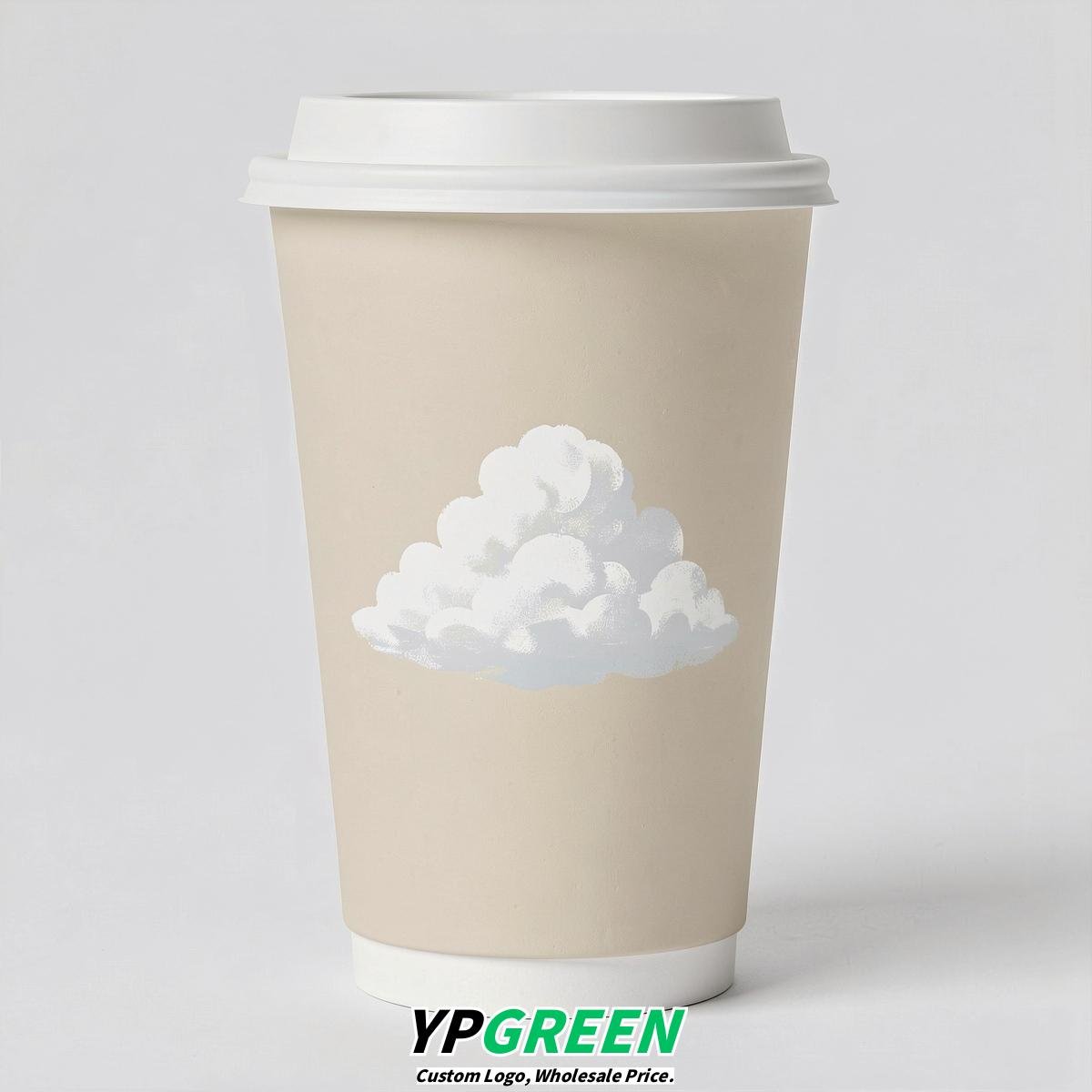 Ivory Paper Cups with Clouds Logo & Lids 8-24oz