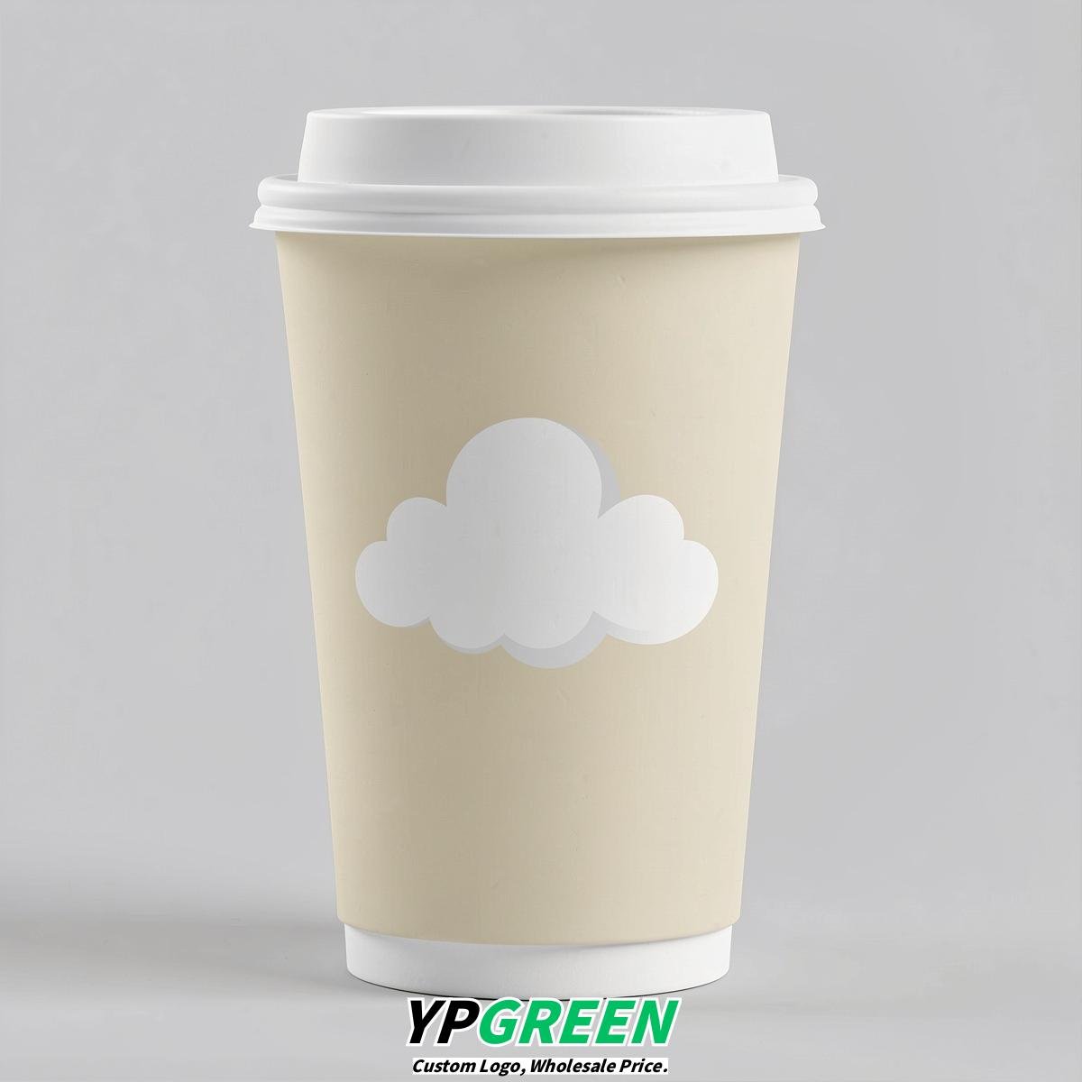 Ivory Paper Cups with Clouds Logo & Lids 8-24oz