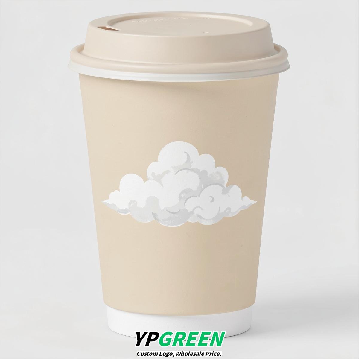 Ivory Paper Cups with Clouds Logo & Lids 8-24oz