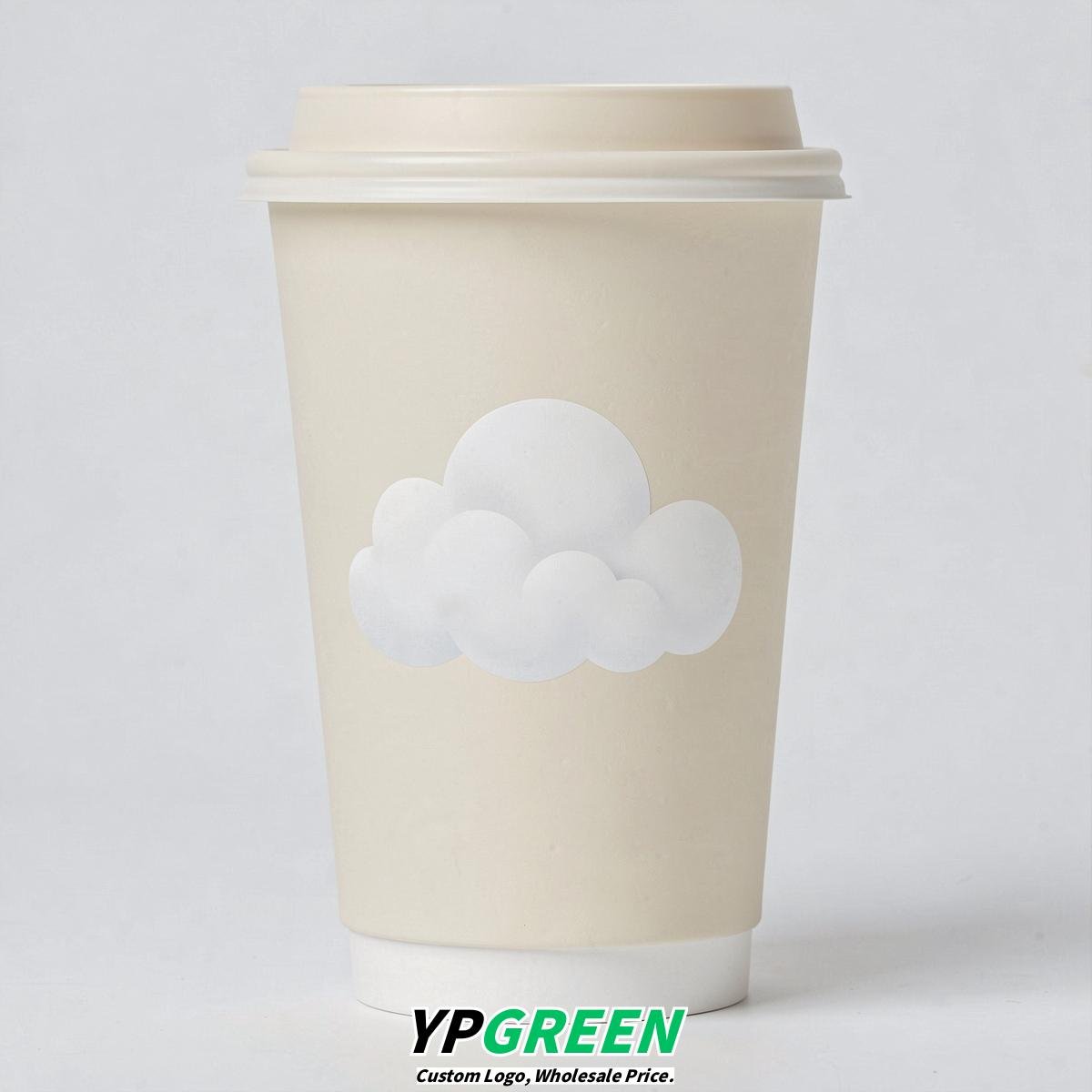 Ivory Paper Cups with Clouds Logo & Lids 8-24oz