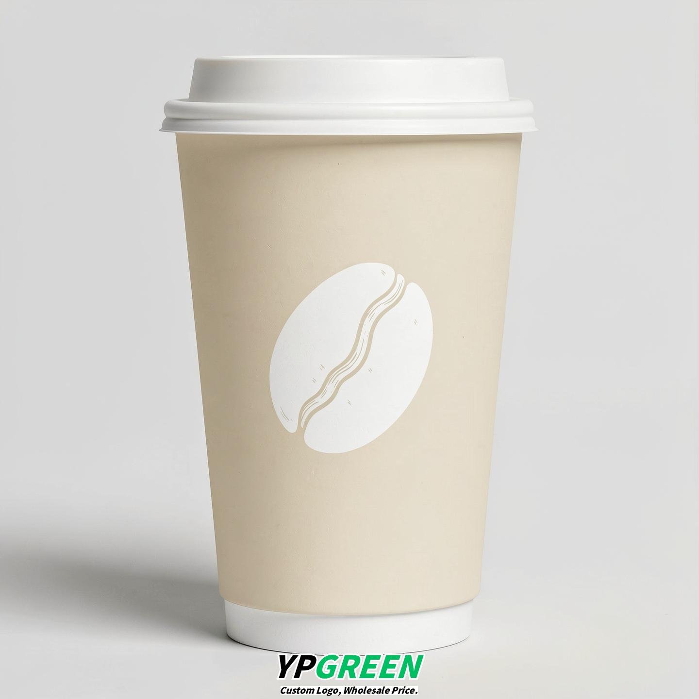 Ivory Paper Coffee Cups with Coffee Bean Logo & Lids | 12-16oz