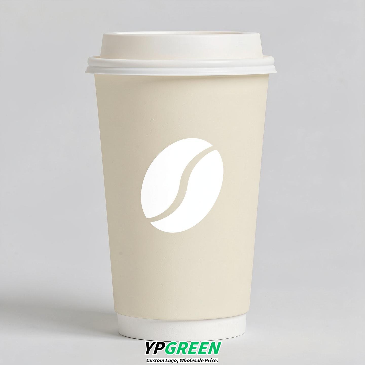 Ivory Paper Coffee Cups with Coffee Bean Logo & Lids | 12-16oz