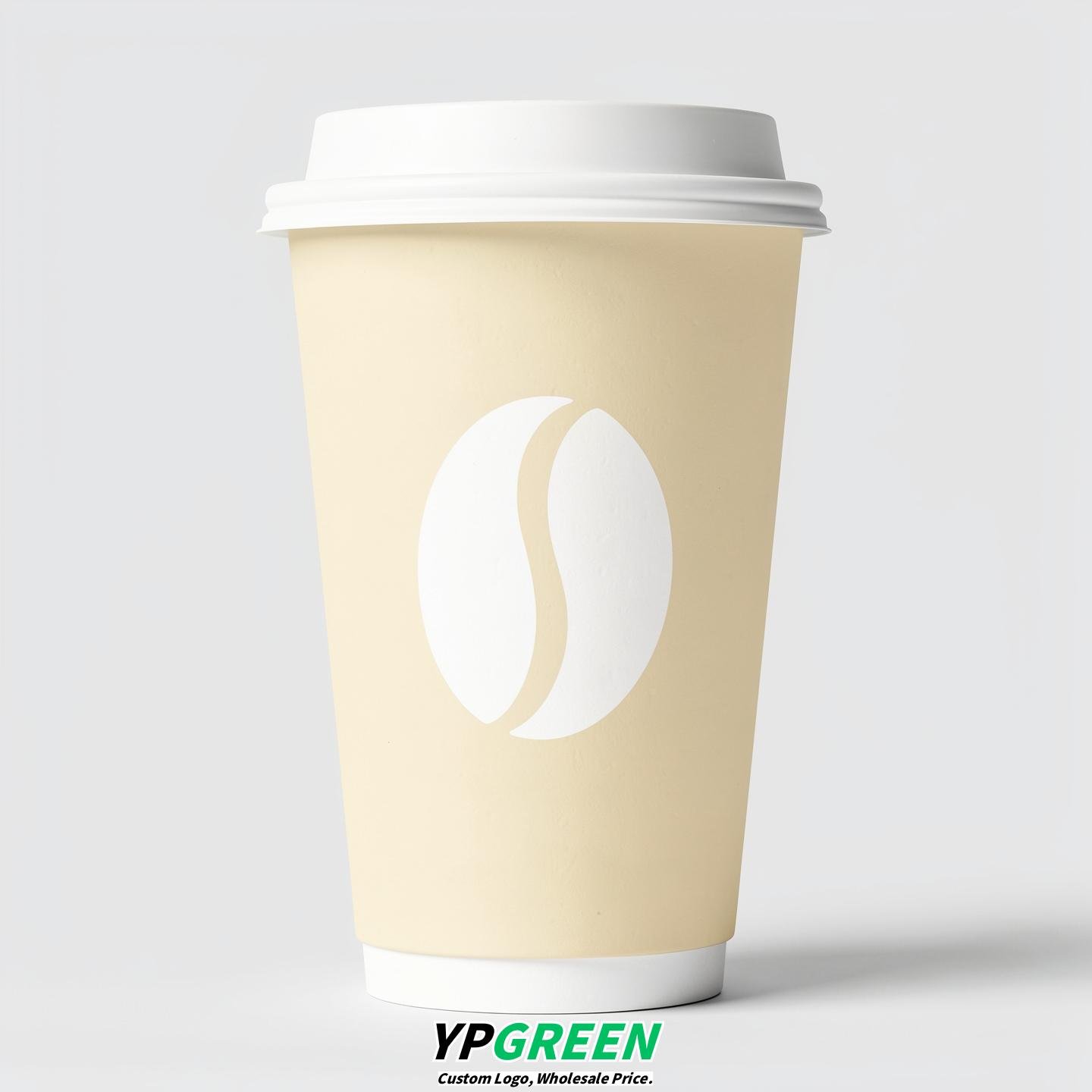 Ivory Paper Coffee Cups with Coffee Bean Logo & Lids | 12-16oz