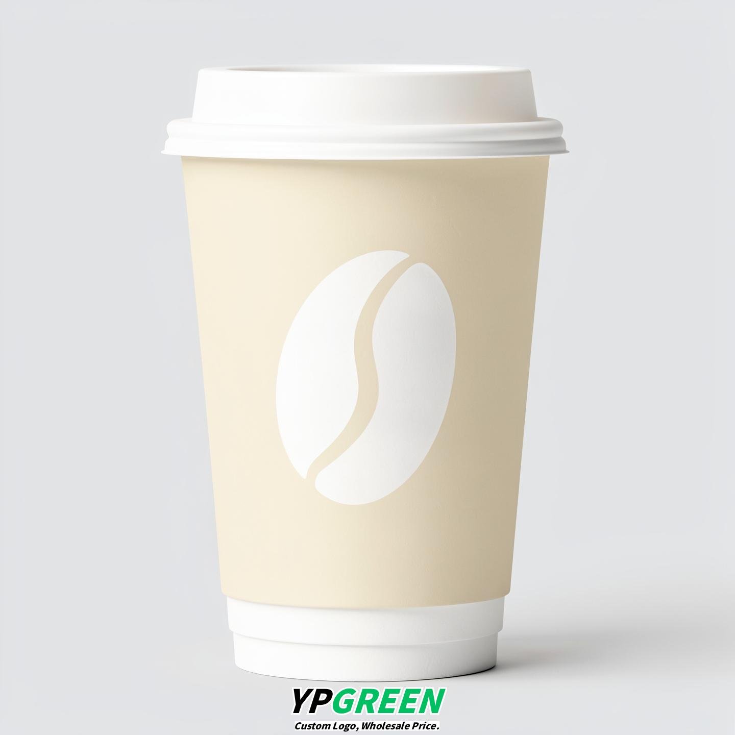 Ivory Paper Coffee Cups with Coffee Bean Logo & Lids | 12-16oz