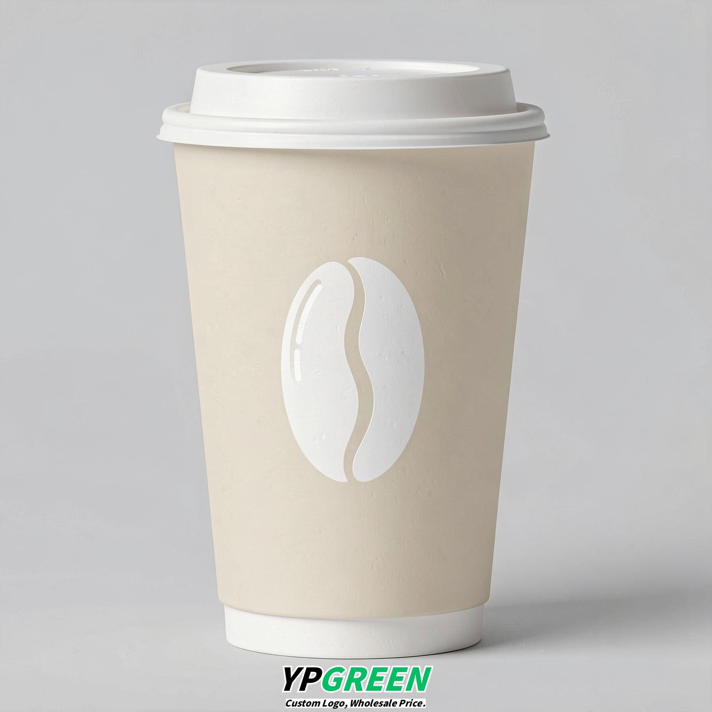 Ivory Paper Coffee Cups with Coffee Bean Logo & Lids | 12-16oz