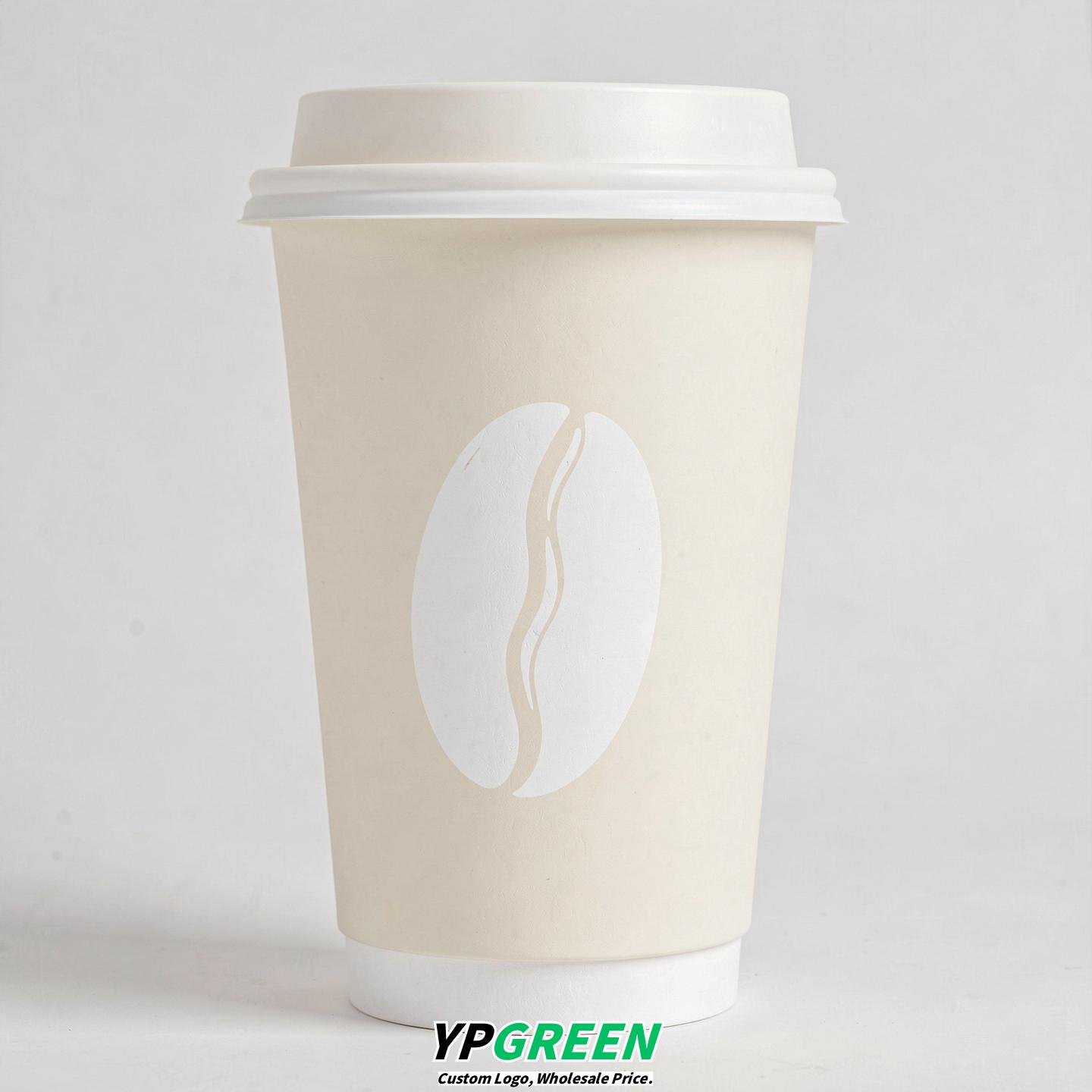 Ivory Paper Coffee Cups with Coffee Bean Logo & Lids | 12-16oz