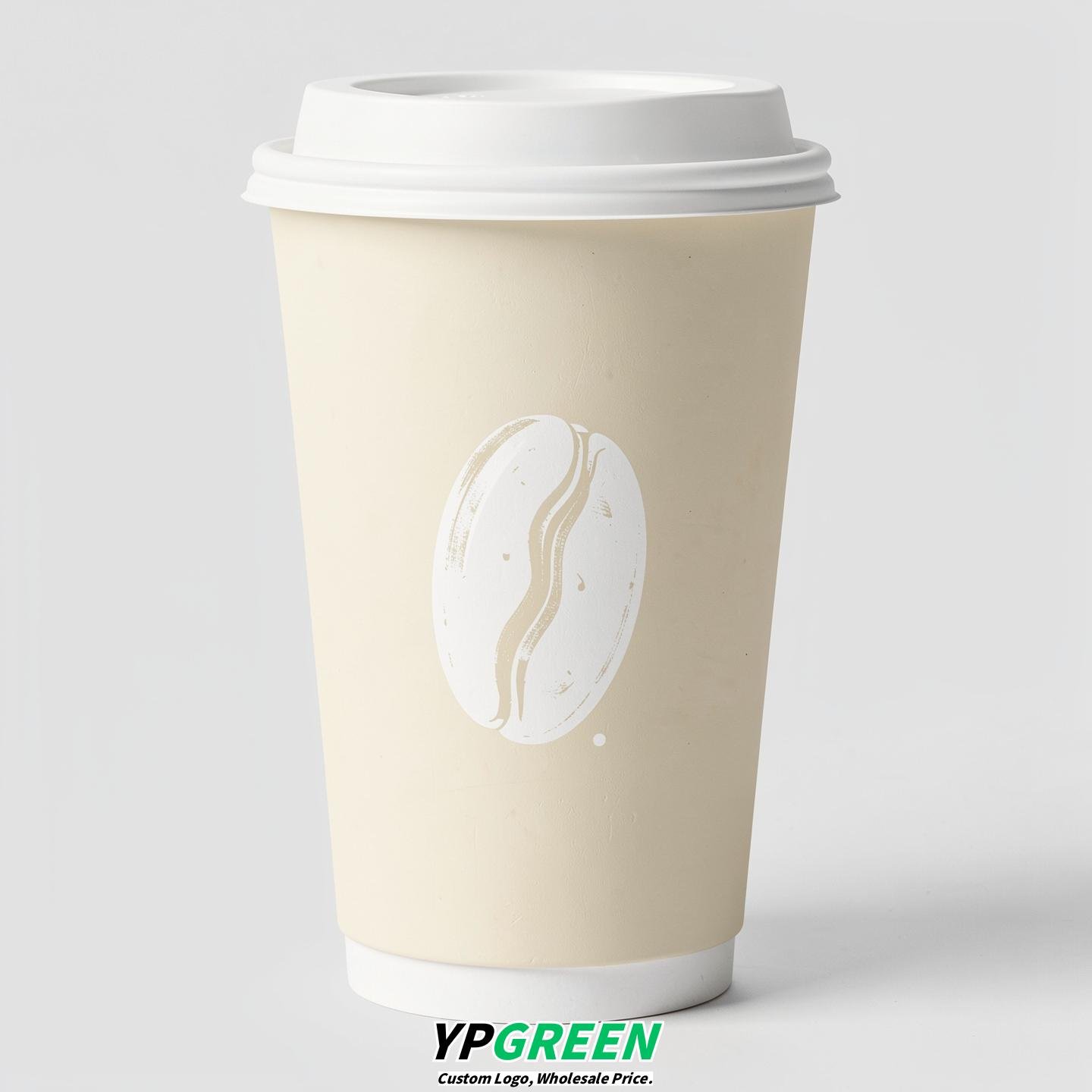 Ivory Paper Coffee Cups with Coffee Bean Logo & Lids | 12-16oz