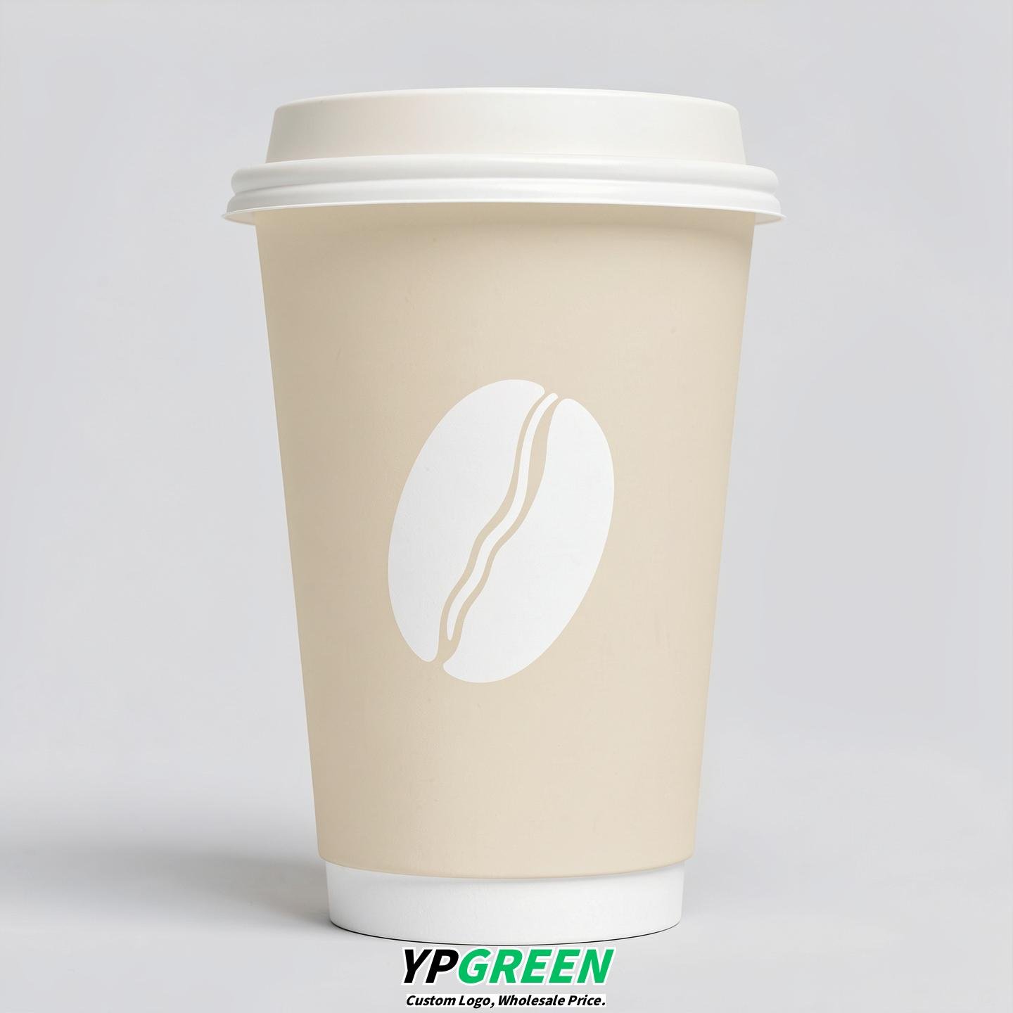 Ivory Paper Coffee Cups with Coffee Bean Logo & Lids | 12-16oz