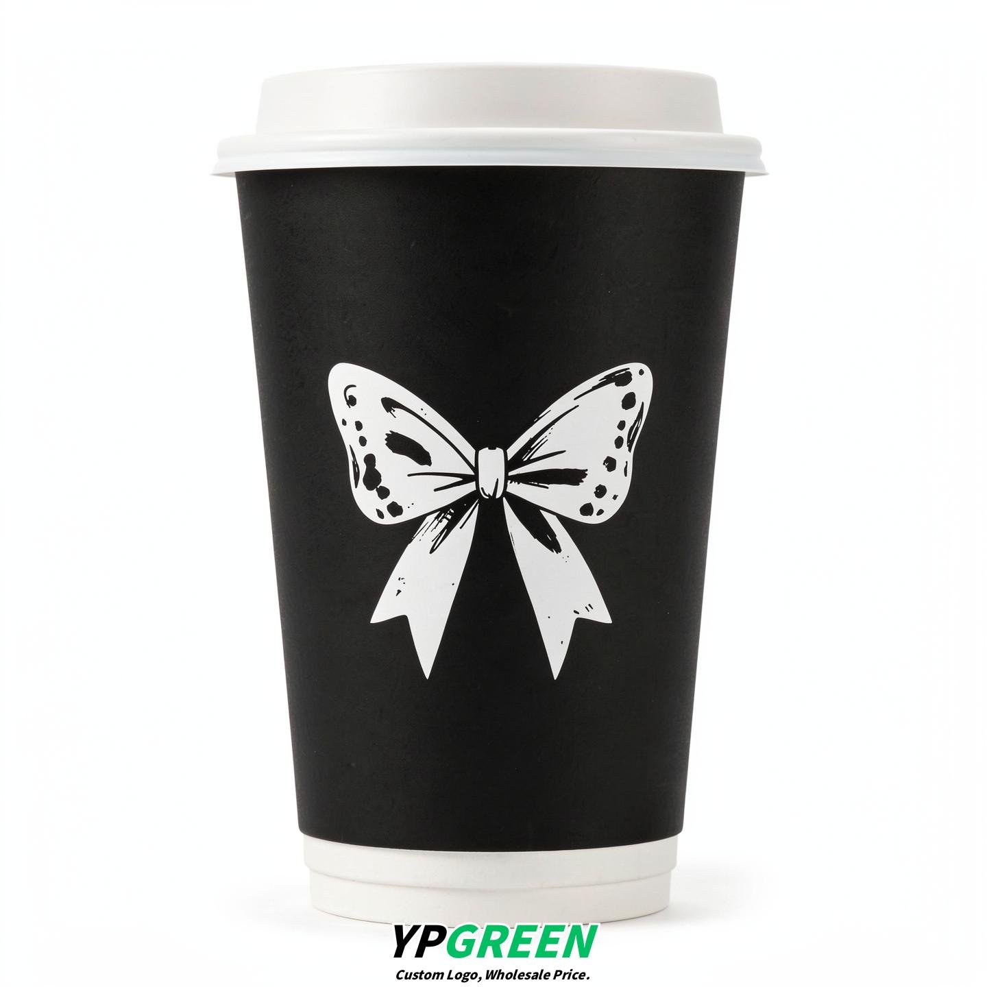Jet Black Paper Cups with Bow Logo & Lids 8-24oz