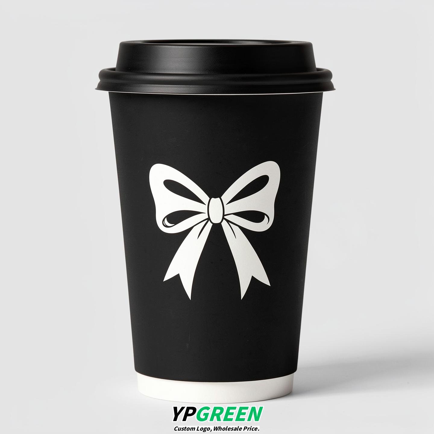 Jet Black Paper Cups with Bow Logo & Lids 8-24oz