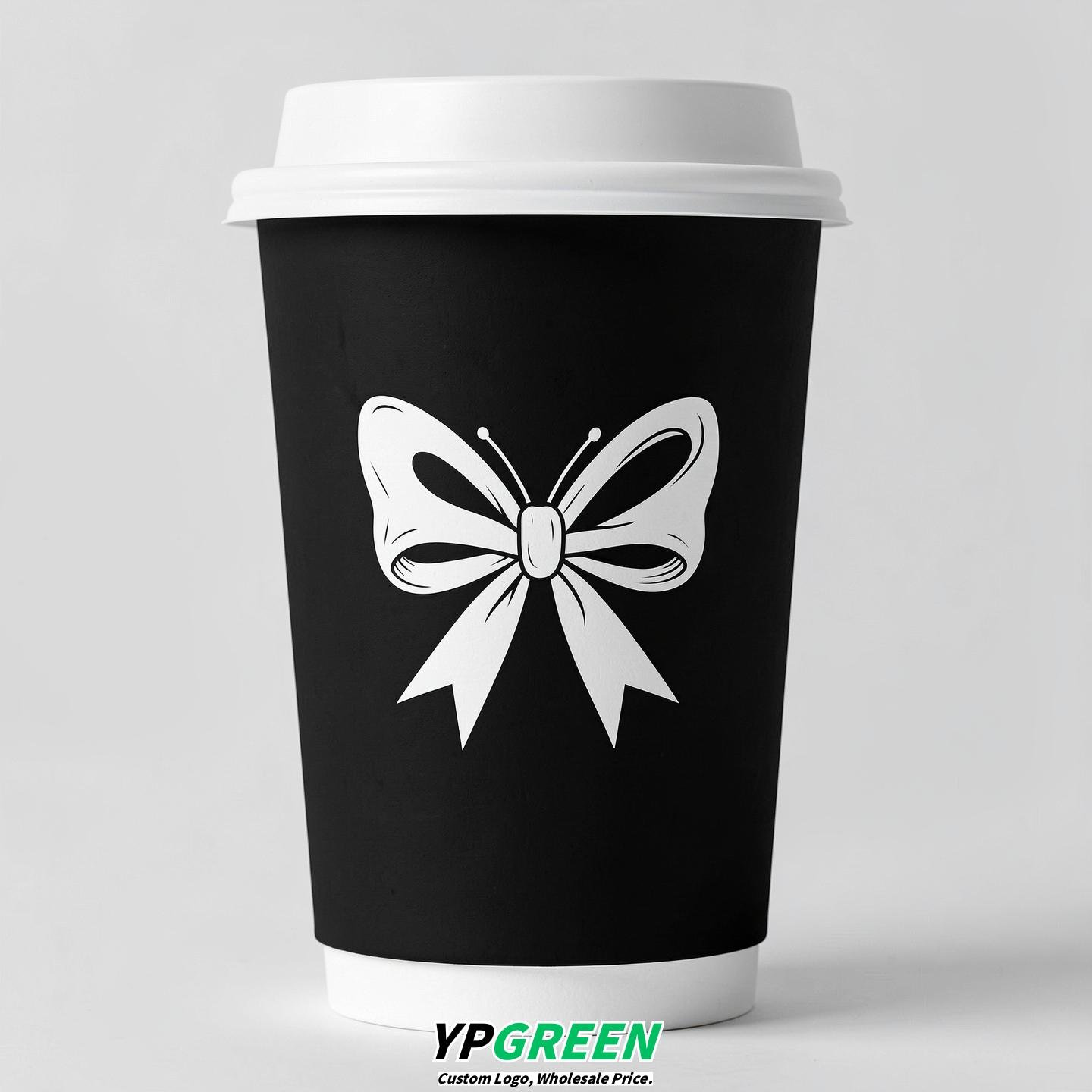 Jet Black Paper Cups with Bow Logo & Lids 8-24oz Jet Black Paper Cups with Bow Logo & Lids 8-24oz