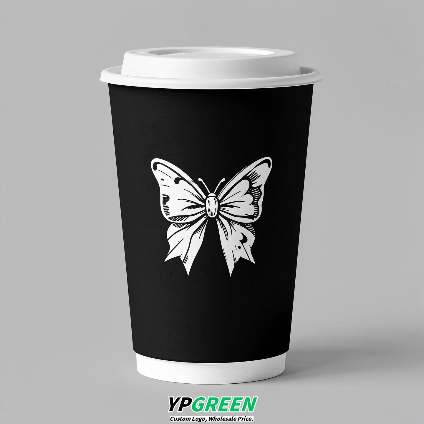 Jet Black Paper Cups with Bow Logo & Lids 8-24oz