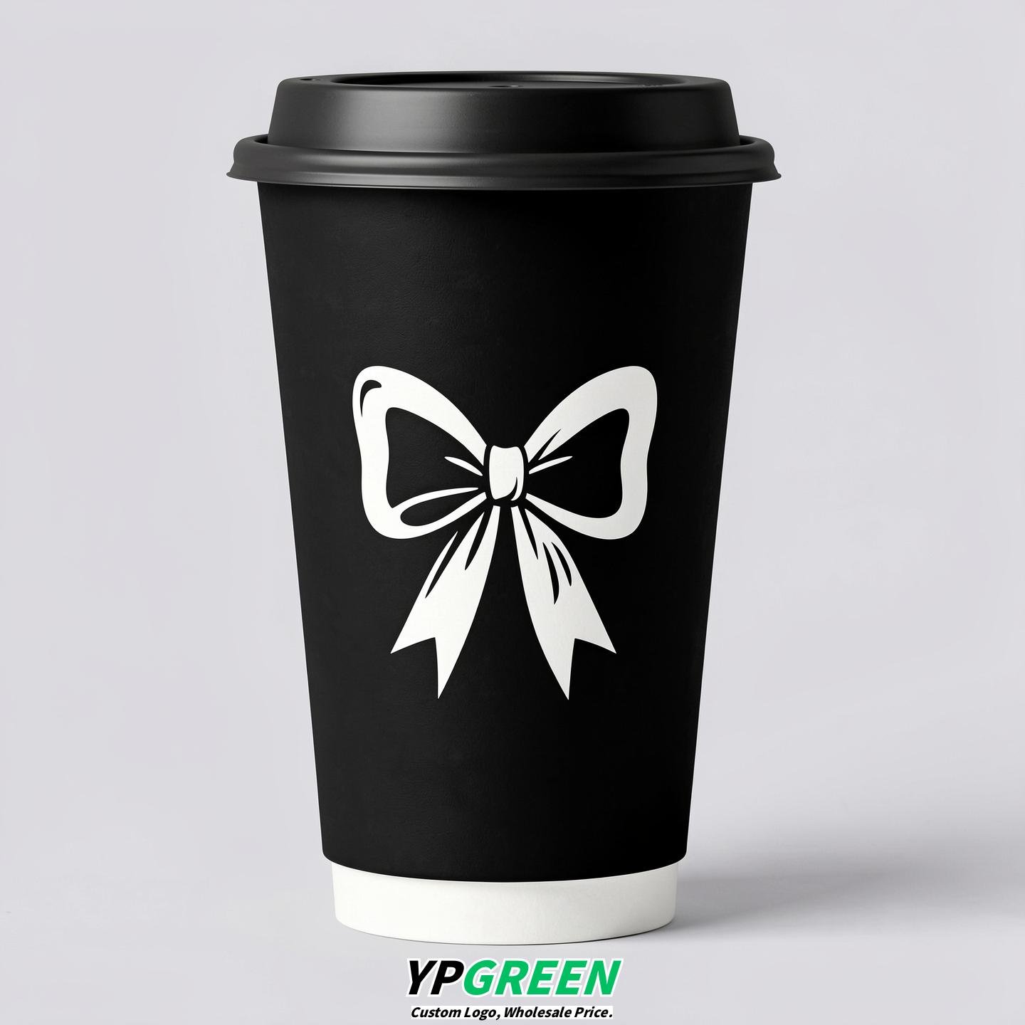 Jet Black Paper Cups with Bow Logo & Lids 8-24oz