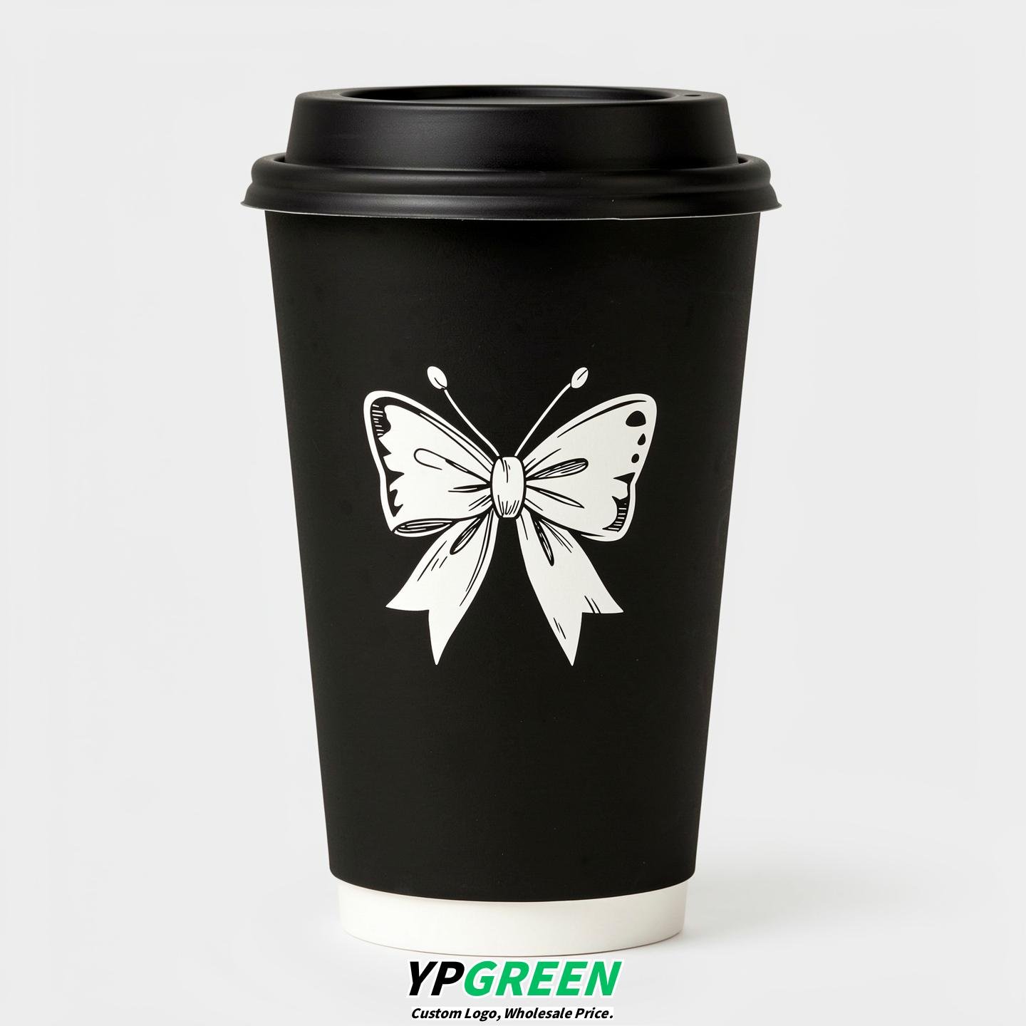 Jet Black Paper Cups with Bow Logo & Lids 8-24oz