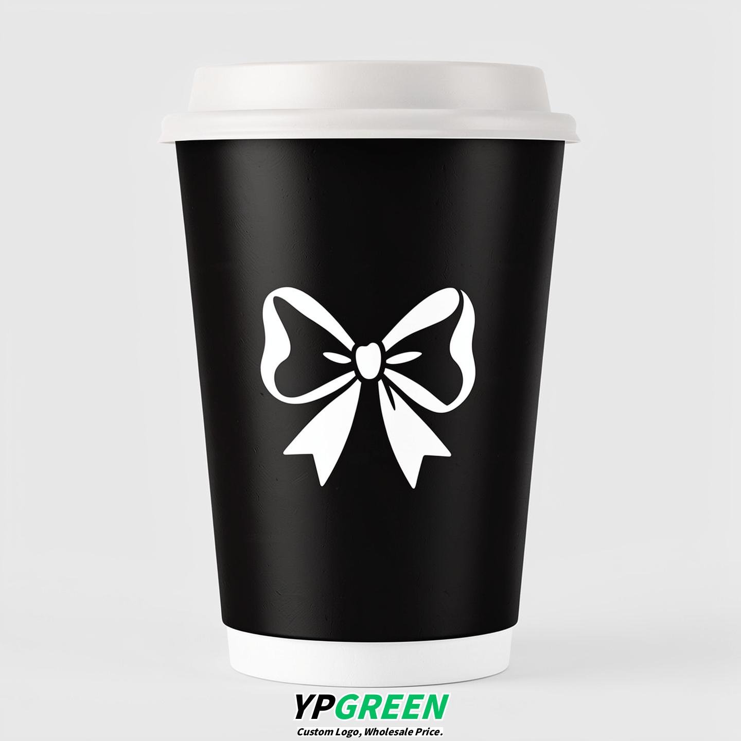 Jet Black Paper Cups with Bow Logo & Lids 8-24oz