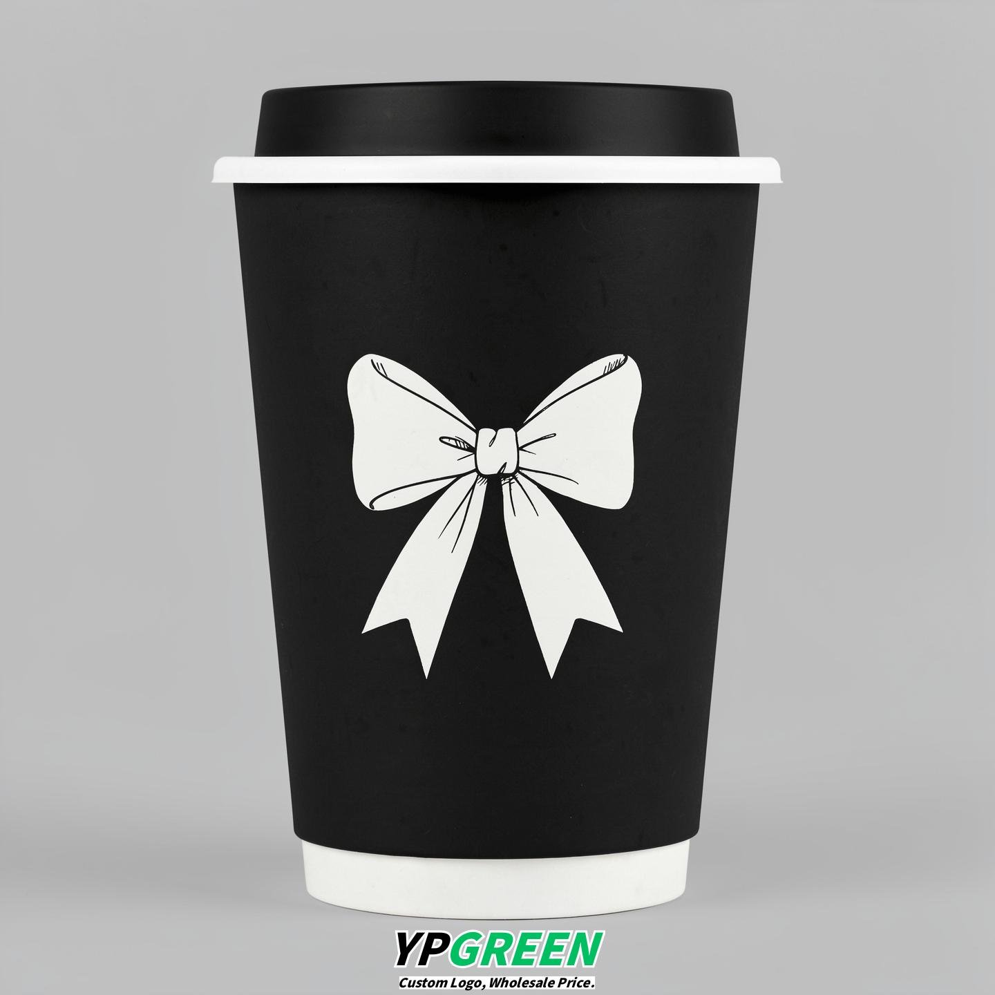 Jet Black Paper Cups with Bow Logo & Lids 8-24oz