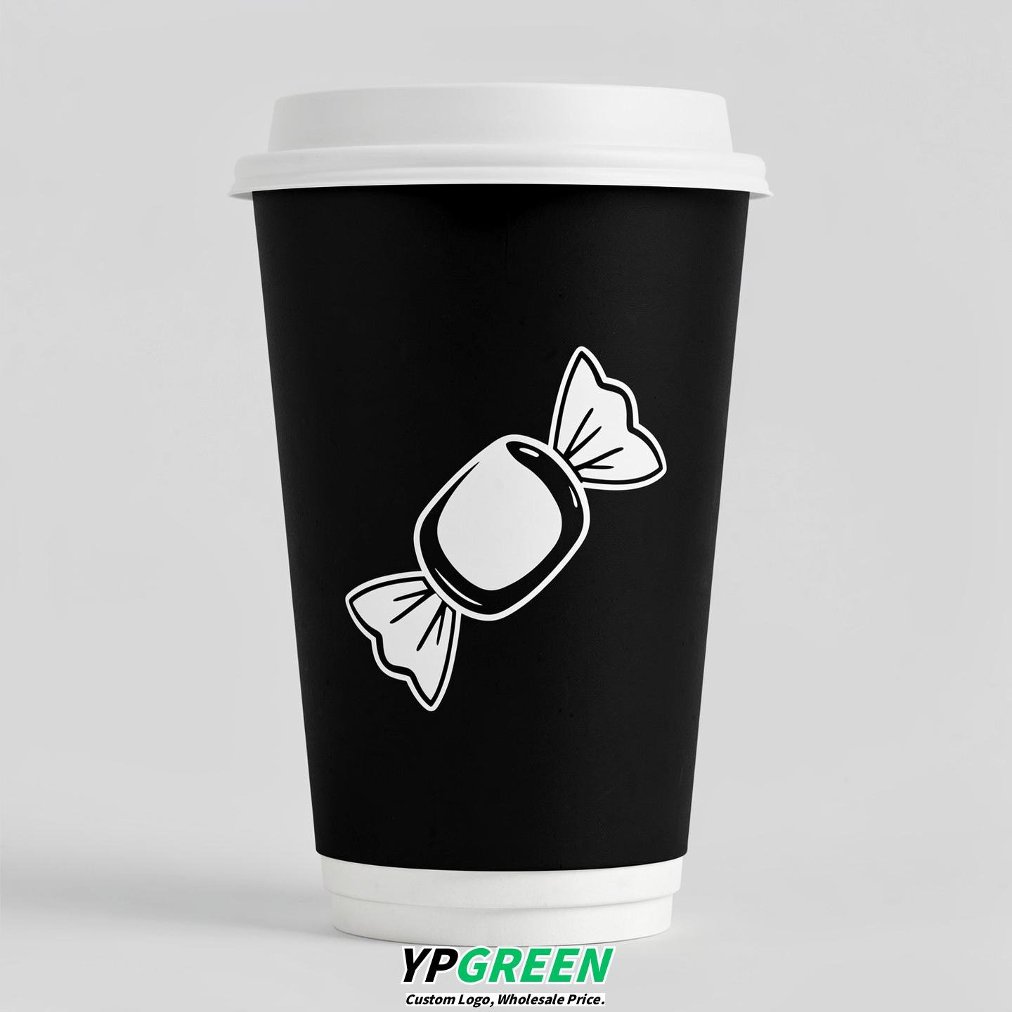 Jet Black Paper Cups with Candy Logo & Lids 8-24oz