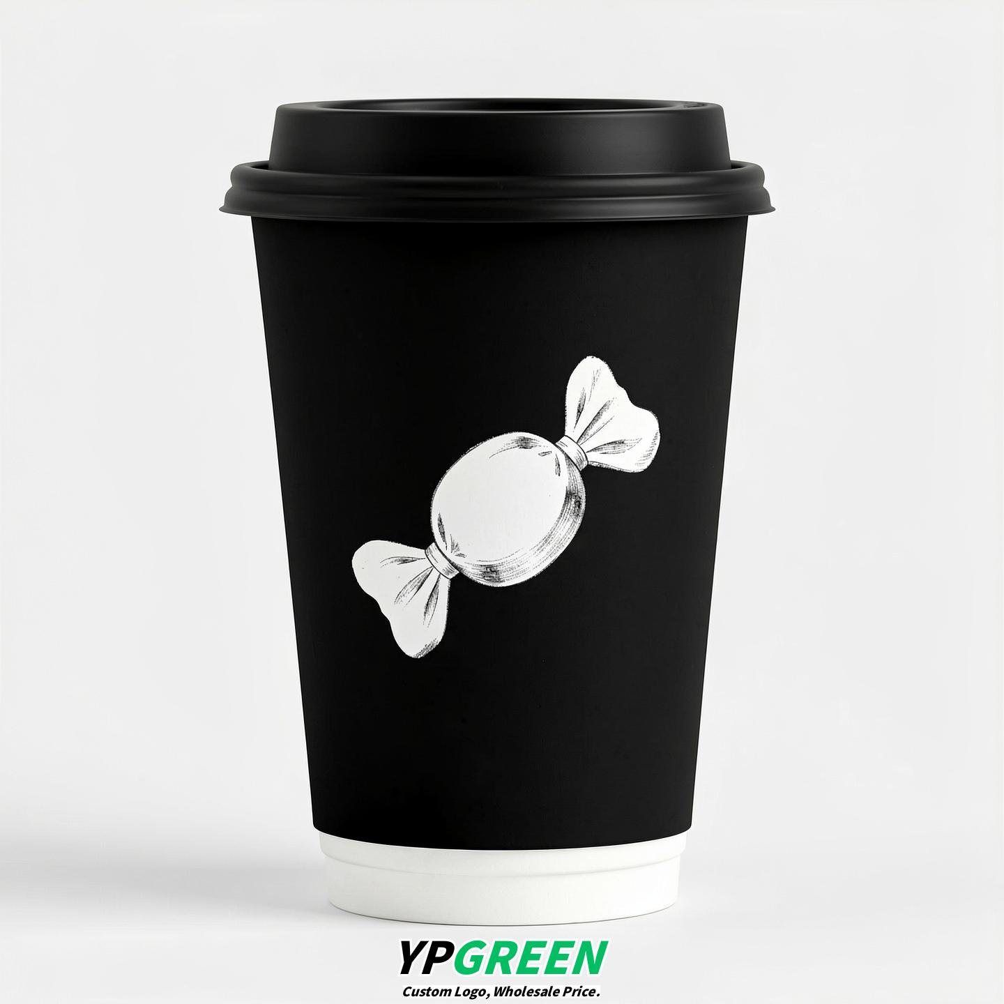 Jet Black Paper Cups with Candy Logo & Lids 8-24oz