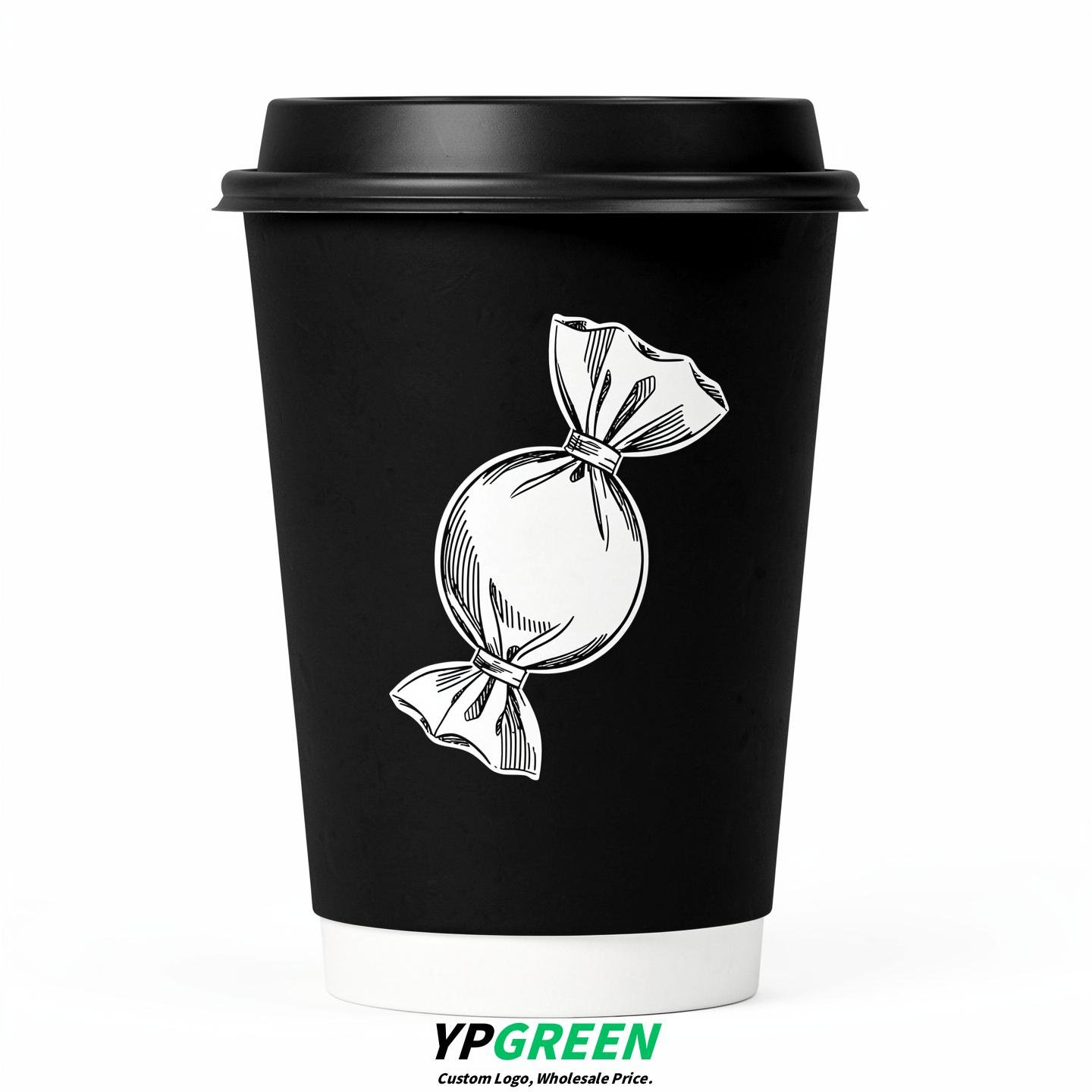 Jet Black Paper Cups with Candy Logo & Lids 8-24oz