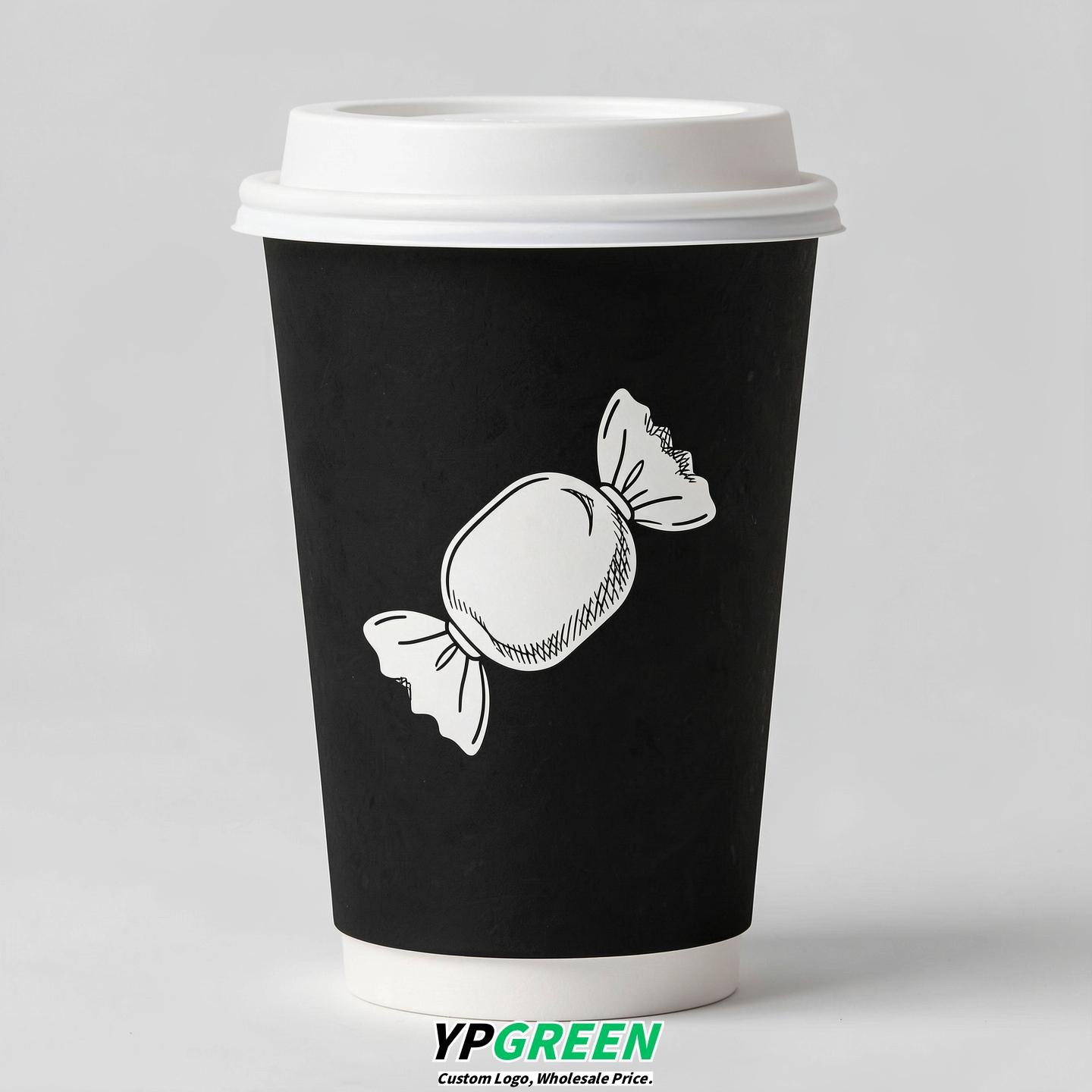 Jet Black Paper Cups with Candy Logo & Lids 8-24oz