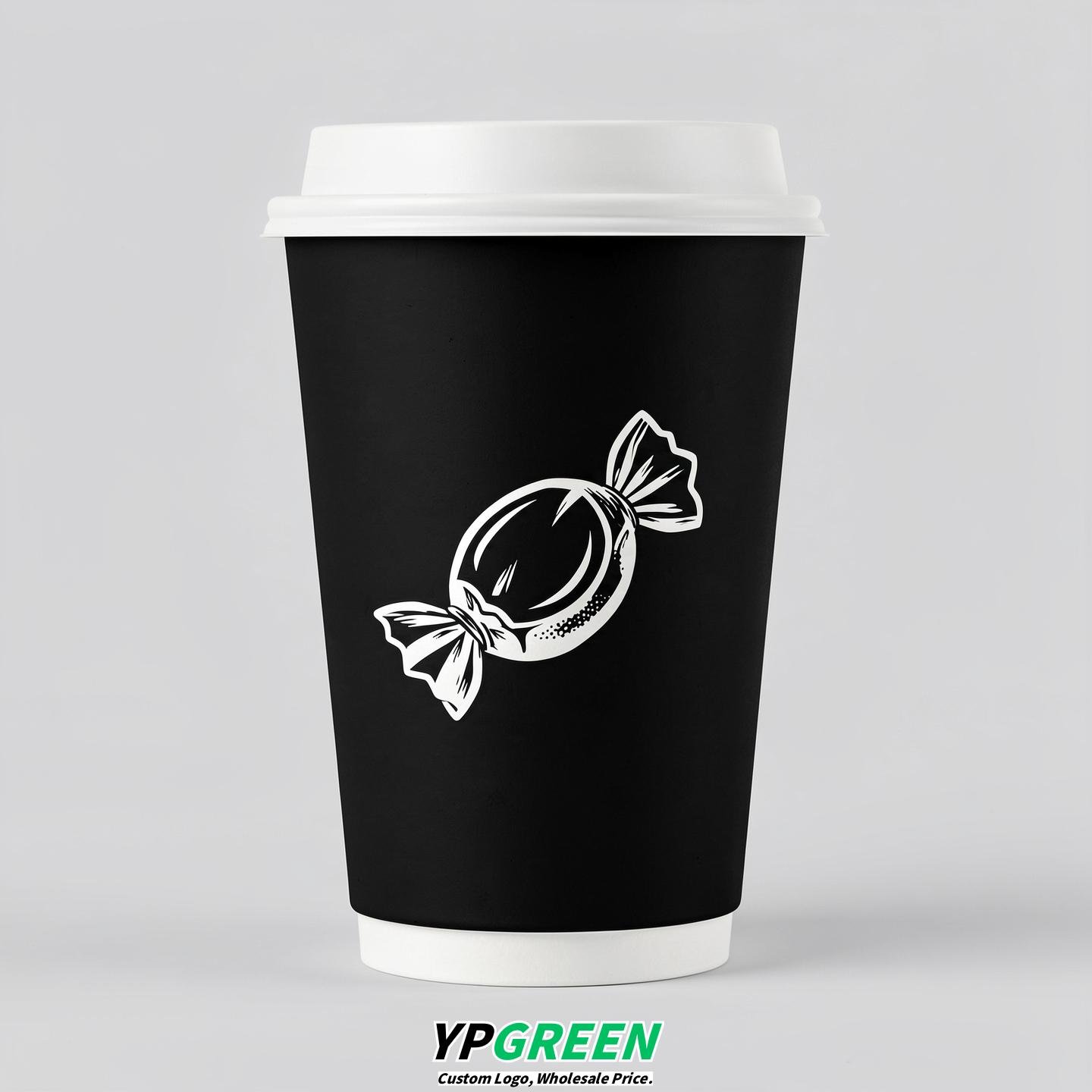 Jet Black Paper Cups with Candy Logo & Lids 8-24oz
