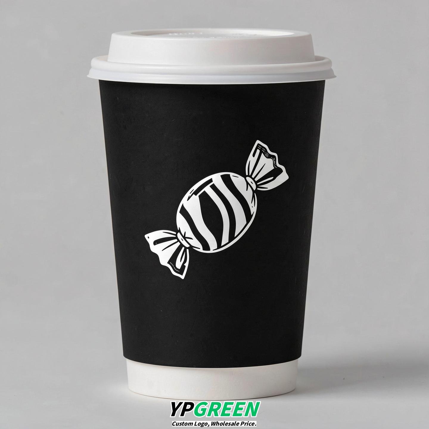 Jet Black Paper Cups with Candy Logo & Lids 8-24oz