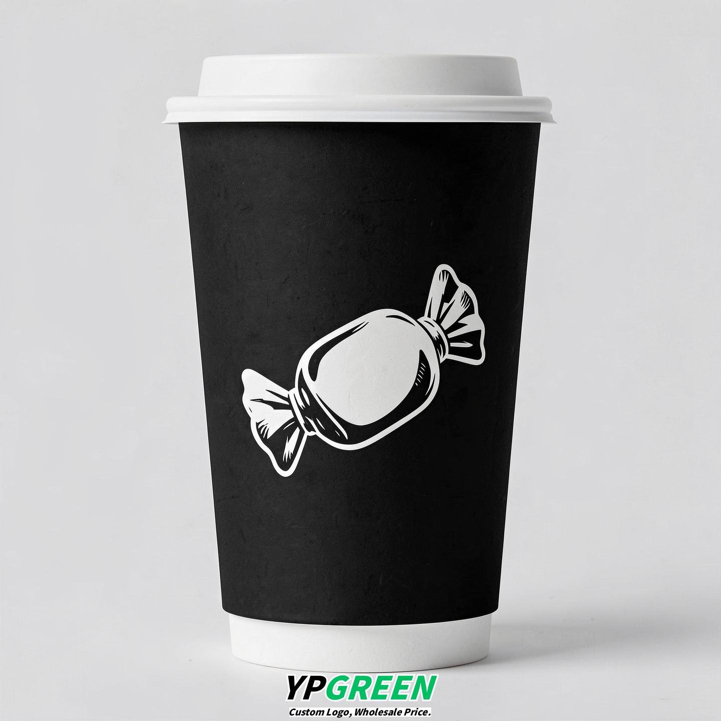 Jet Black Paper Cups with Candy Logo & Lids 8-24oz