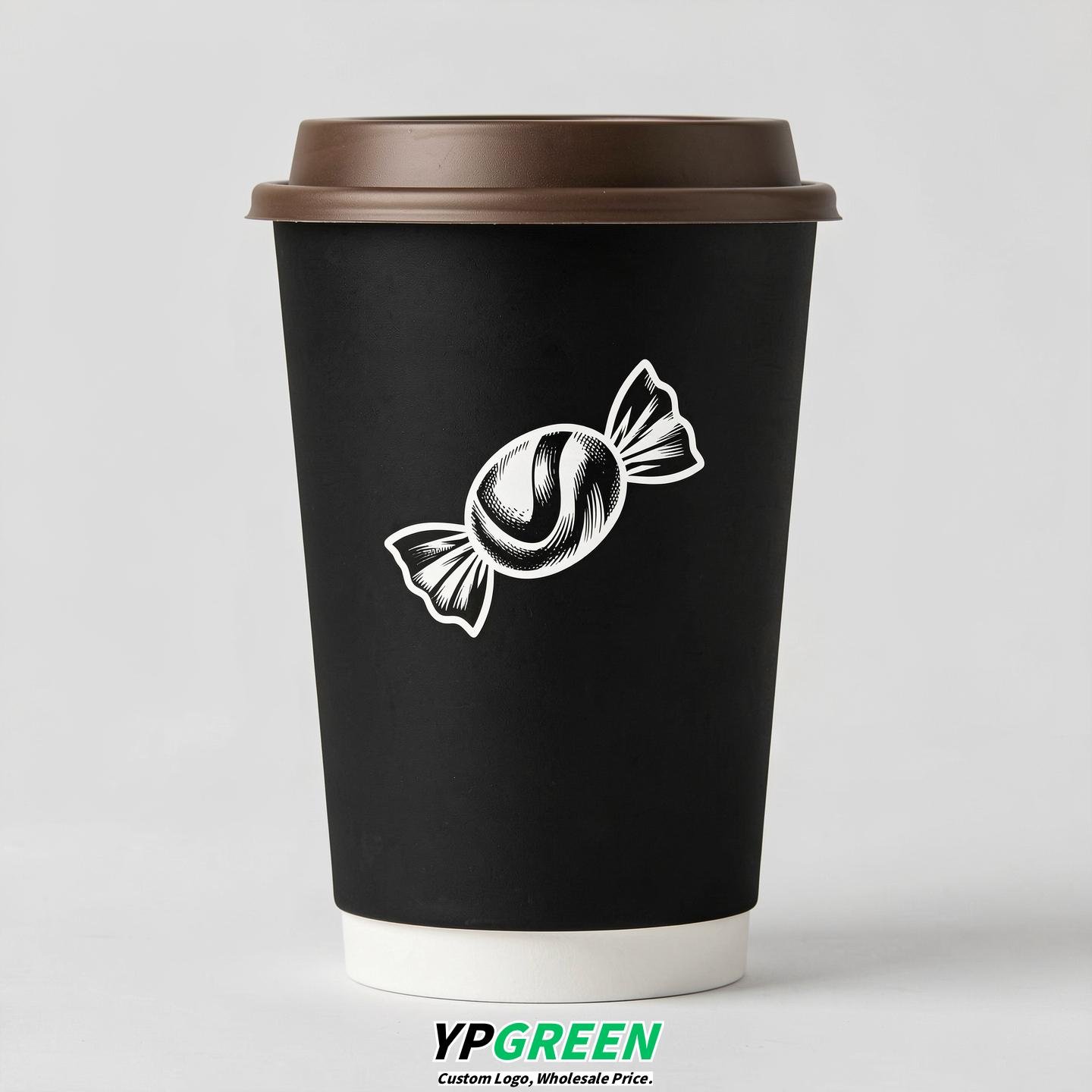 Jet Black Paper Cups with Candy Logo & Lids 8-24oz